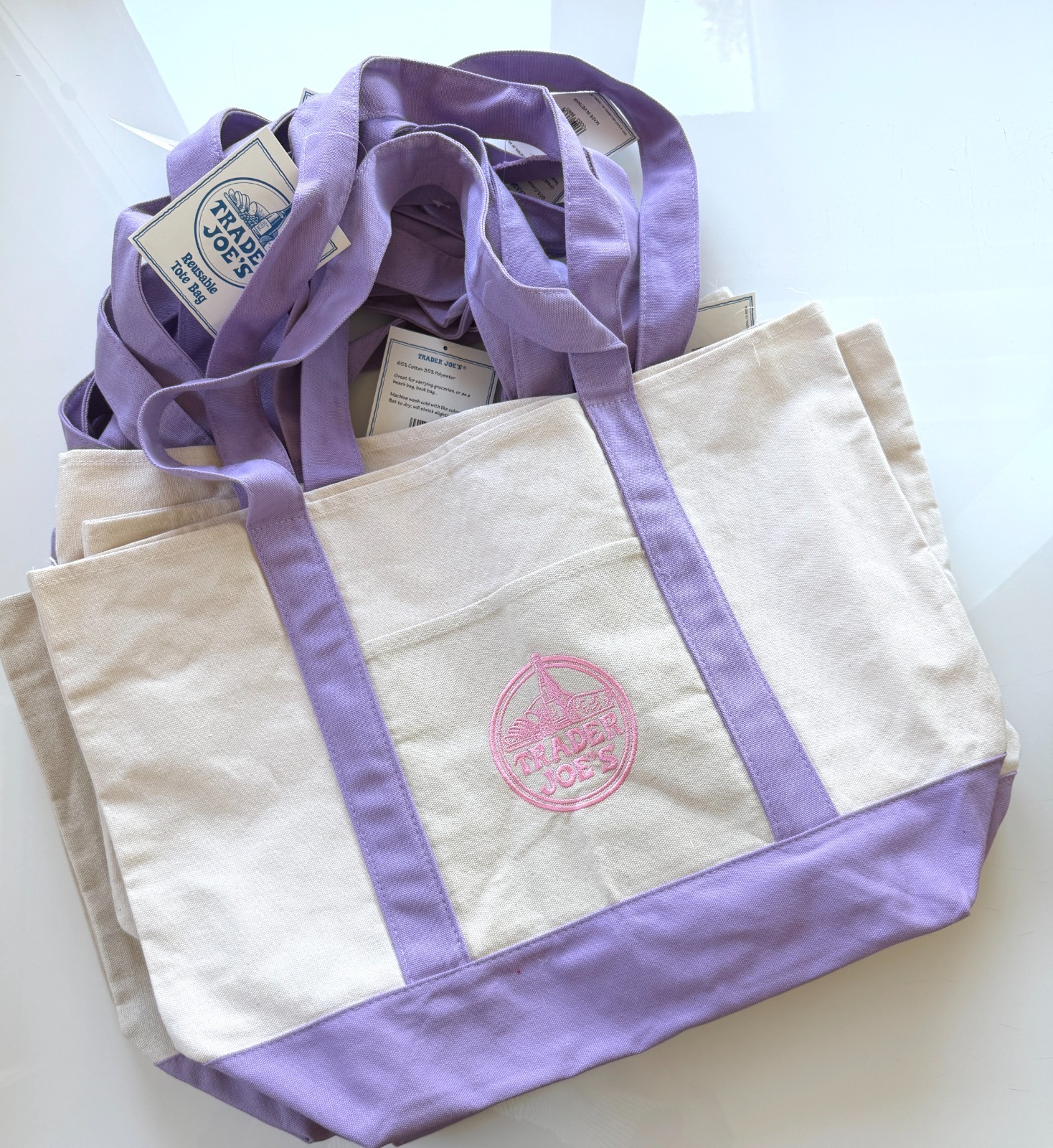 Lot of 10! 2026 Trader Joe’s Large Lavender Canvas Reusable Tote Bag- NEW