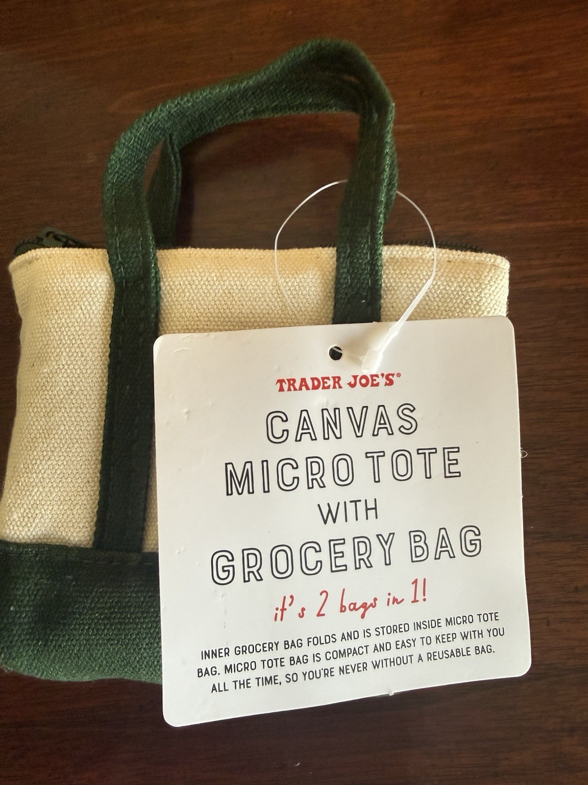 NWT 2025 Trader Joe’s Canvas Micro Tote 2 in 1 Reusable Grocery Bag in Green
