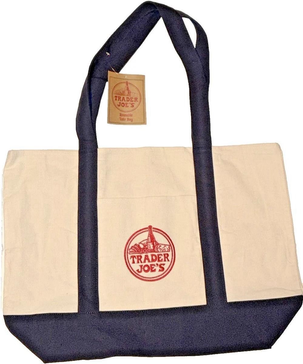 Trader Joe’s Reusable Foldable Canvas Shopping Bag Beige Navy Blue