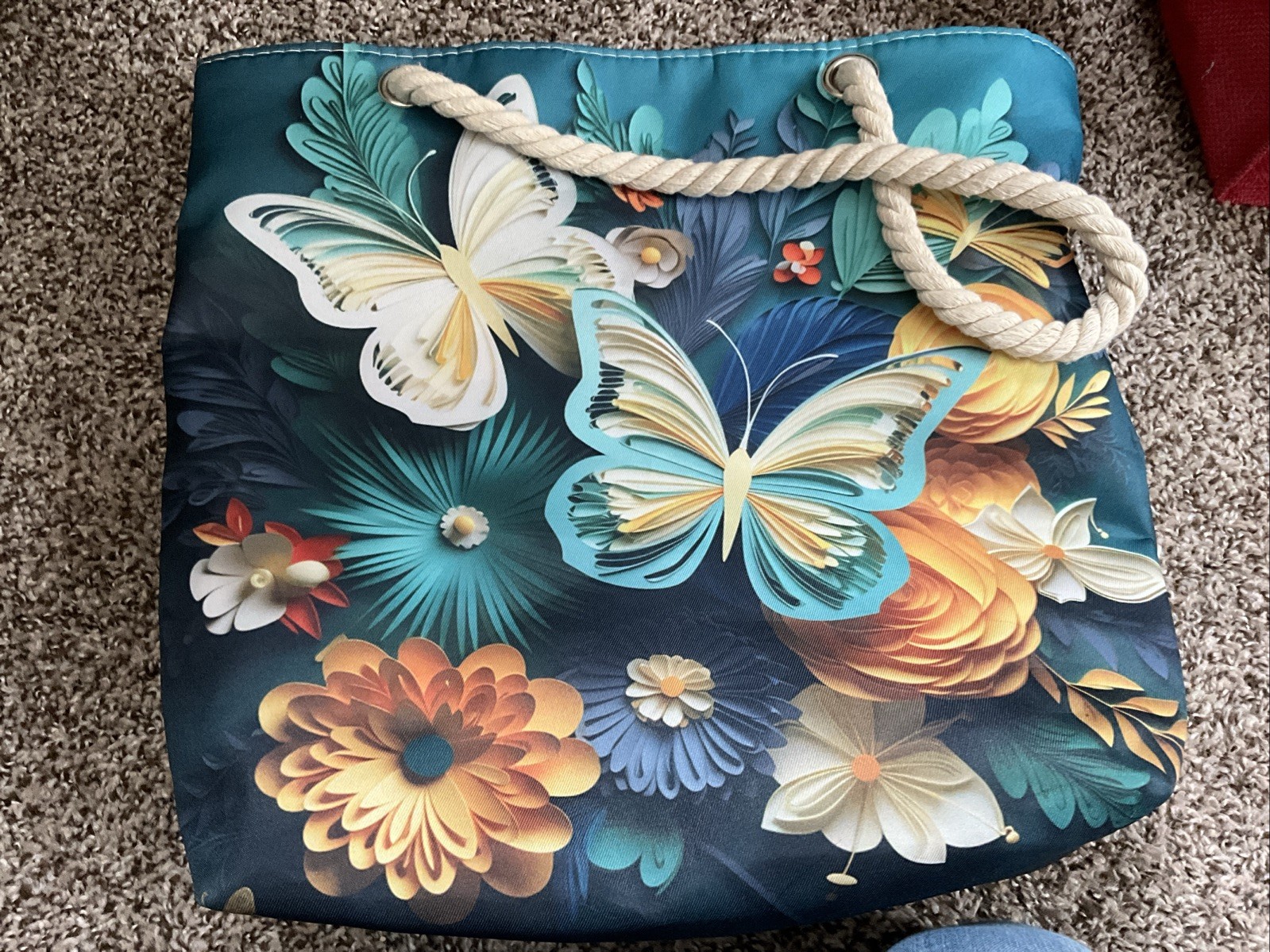 Large Butterfly Floral Tote Bag Beach Travel Baby Bag Lined Zipper Rope Handles