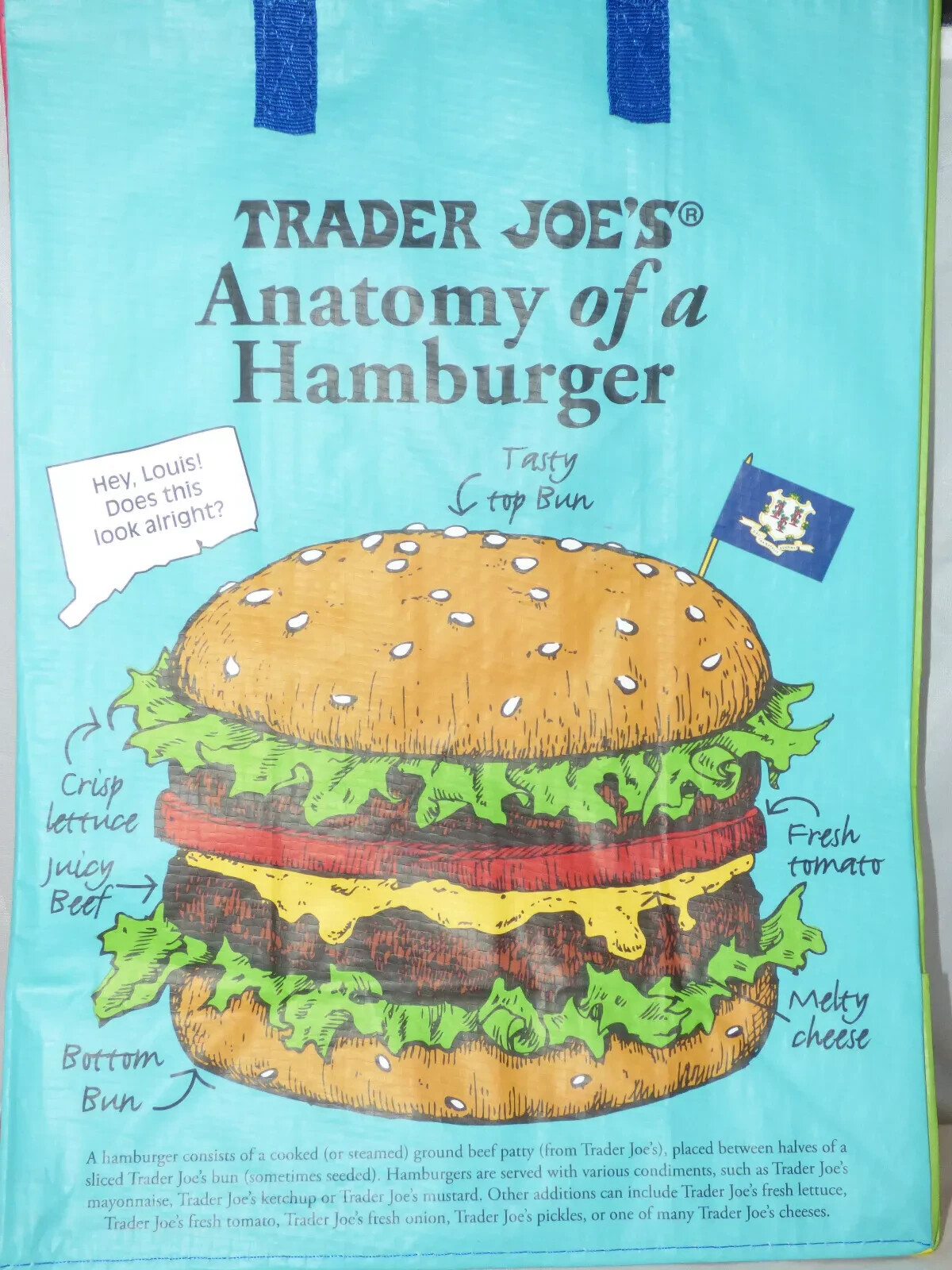 Trader Joe’s Connecticut Tote Bag Eco Reusable Shopper USA Typewriter Hamburger