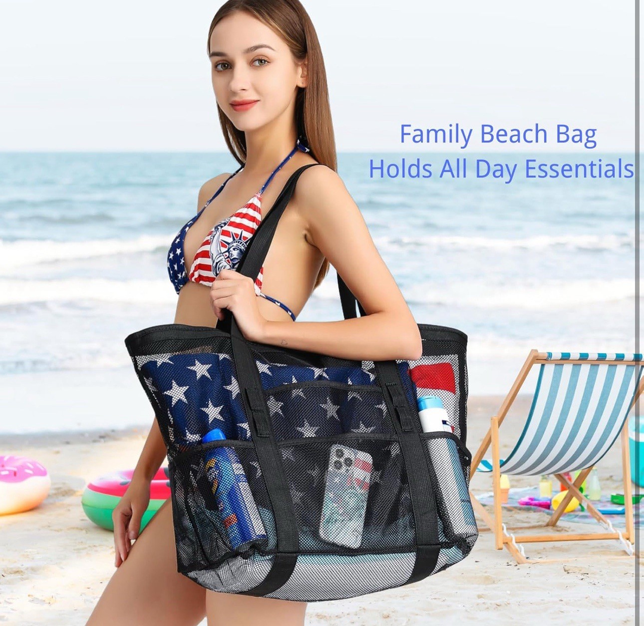 F-color Mesh Beach Bag Family – Large Tote for 16.5″ x 15″ x 8.5″, Black – NEW
