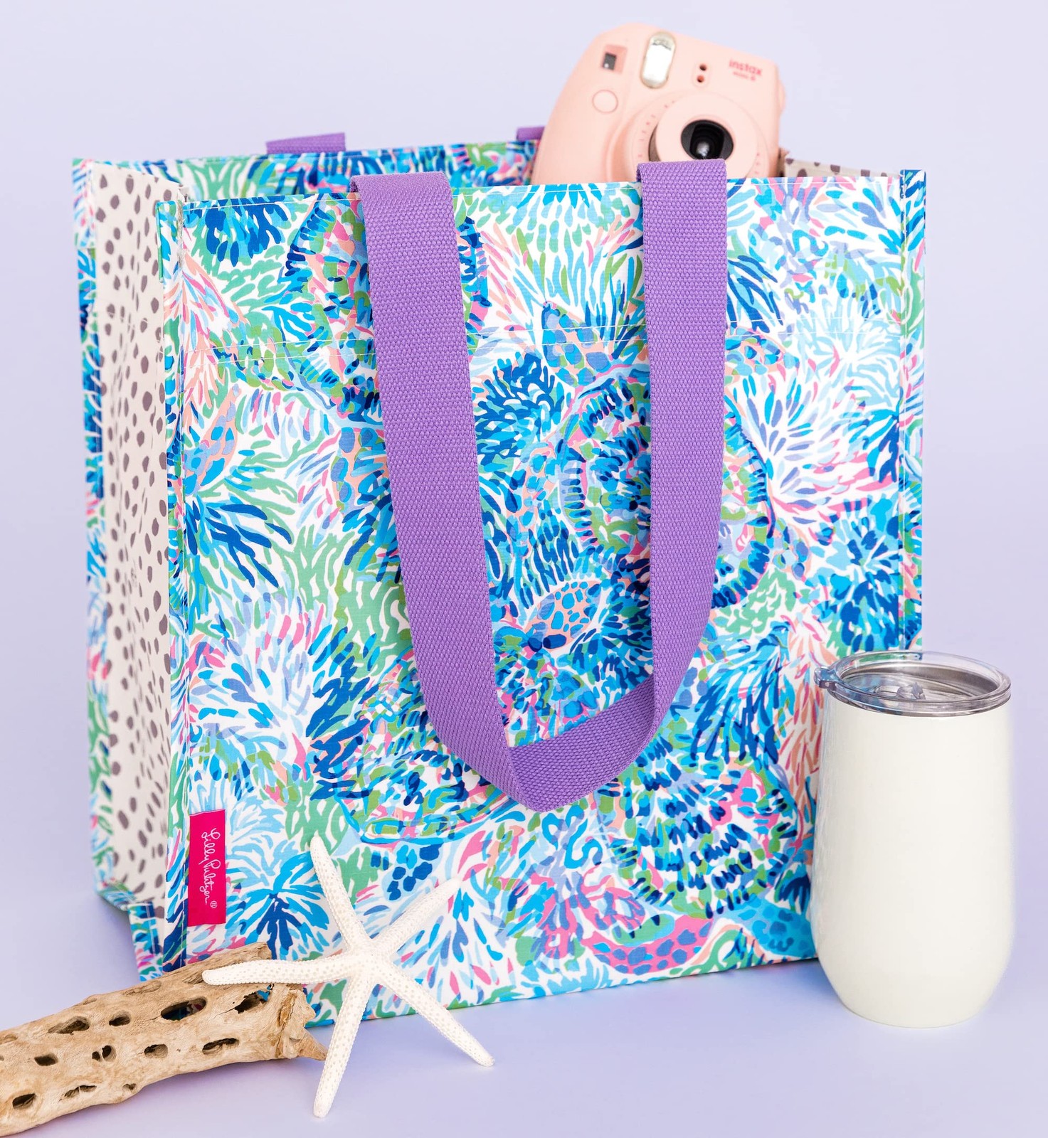 Lilly Pulitzer Purple/Blue Market Shopper Bag, Reusable Grocery Tote with Com…