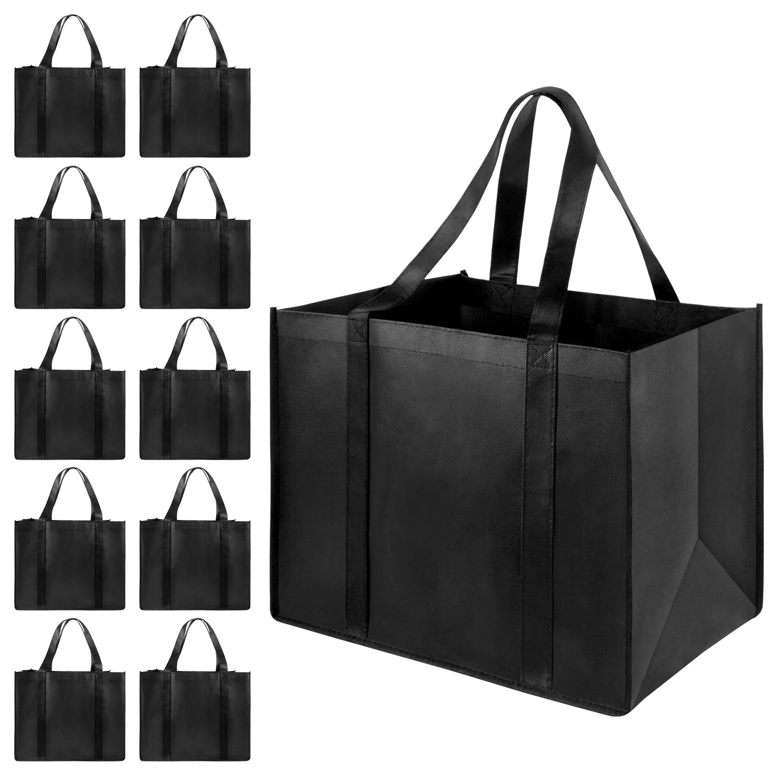 10 PCS Heavy Duty Reusable Grocery Bags XL Shopping Tote Handle Foldable Black