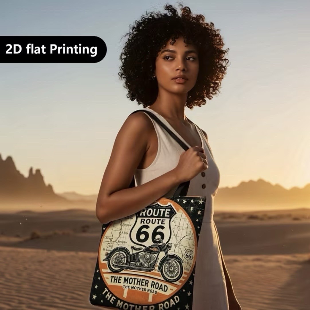 1pc Double-Sided 2D Flat Printing Shopping Tote Bag, Route 66 Motorcycle