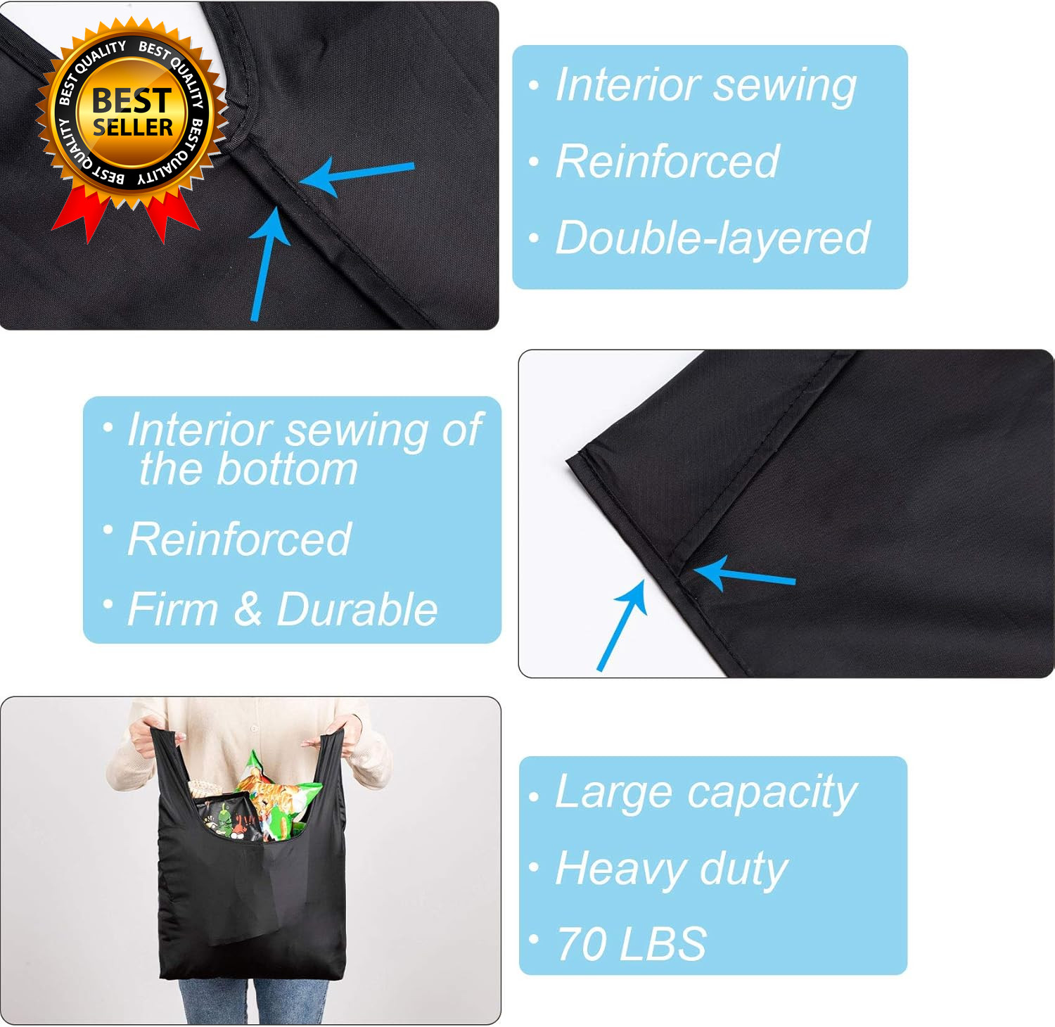 Large Reusable Bags Shopping Washable Foldable 6 Pack Grocery Bags Heavy Duty