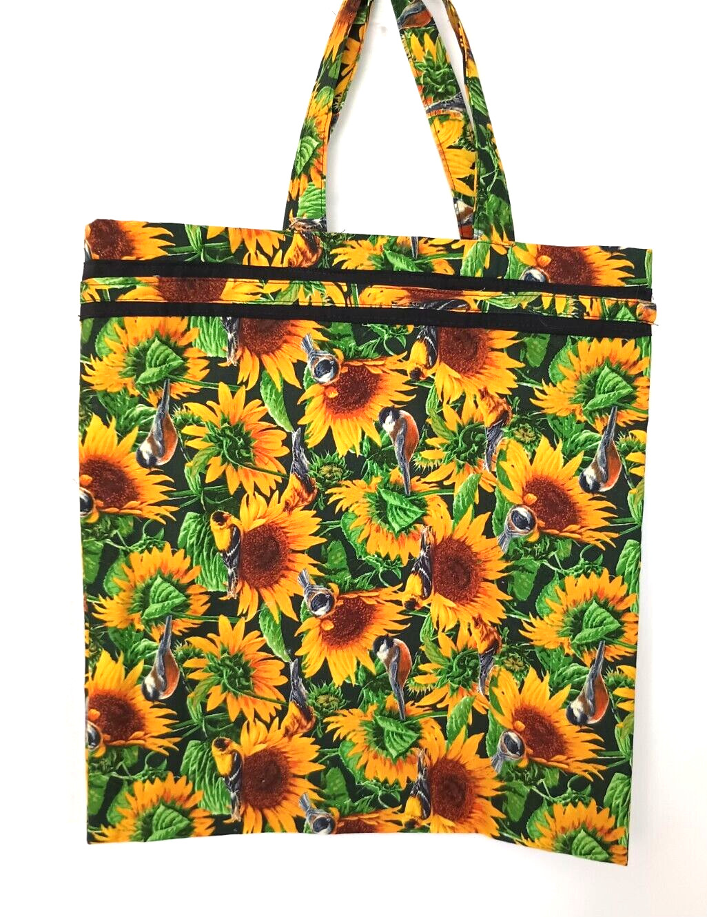 Reusable Shopping Tote Bag Sunflowers Birds Foldable Multicolor Cotton Handmade