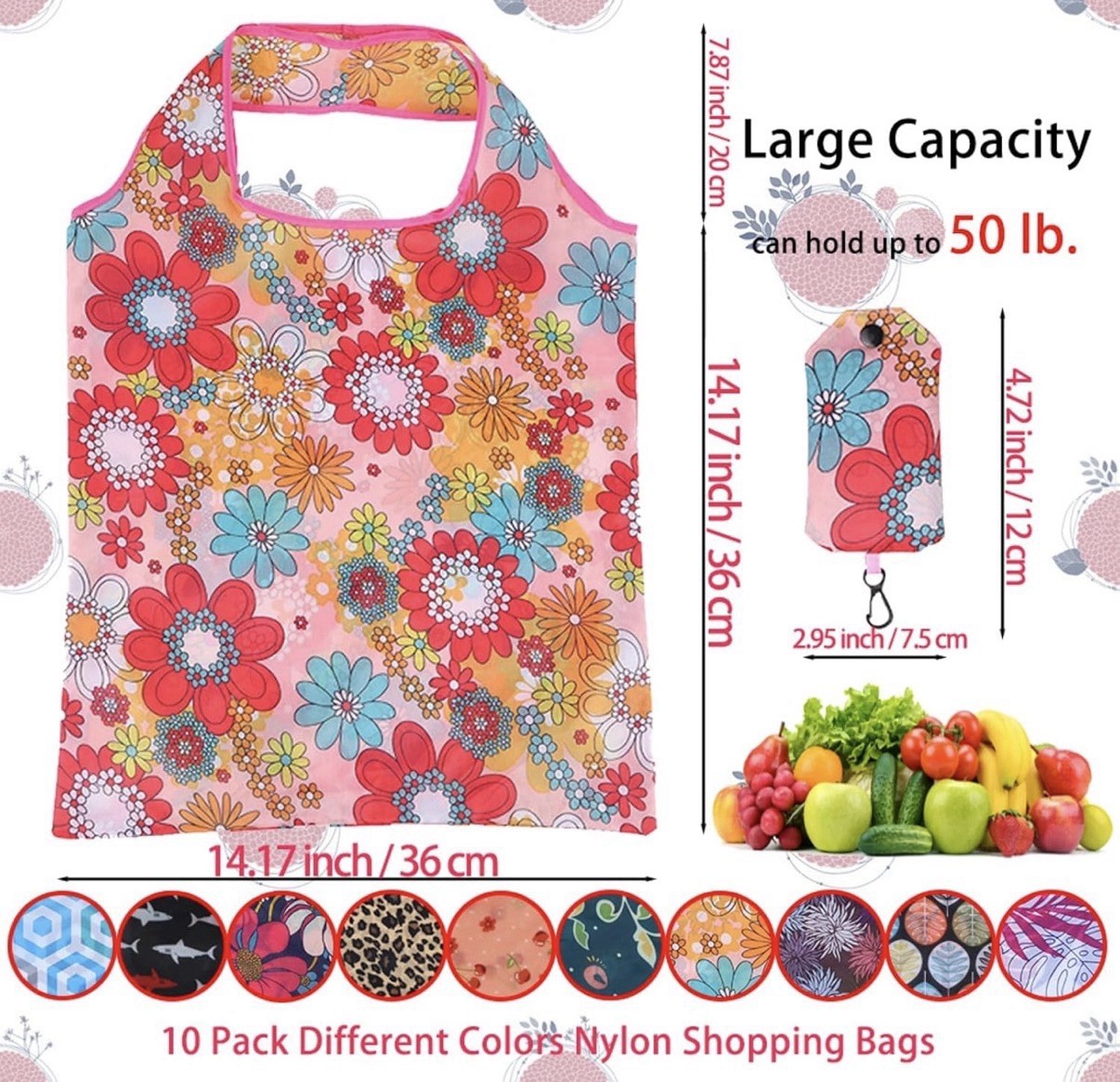 Lot of 10 Foldable Reusable Washable Shopping Grocery Bags- New (01)