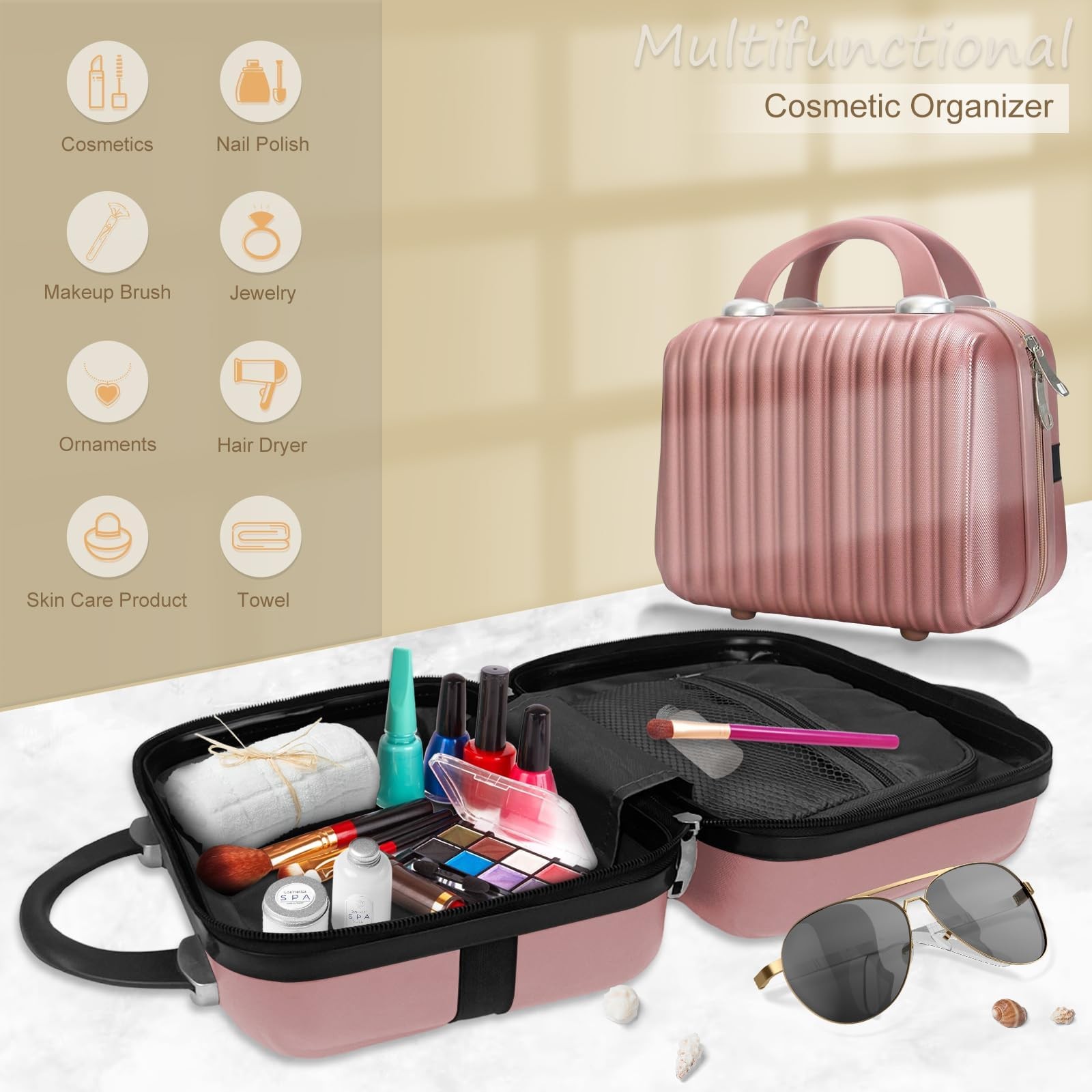 JZRTravel 11 inch Hard Shell Cosmetic Case Makeup Travel 11 Inch, RoseGold