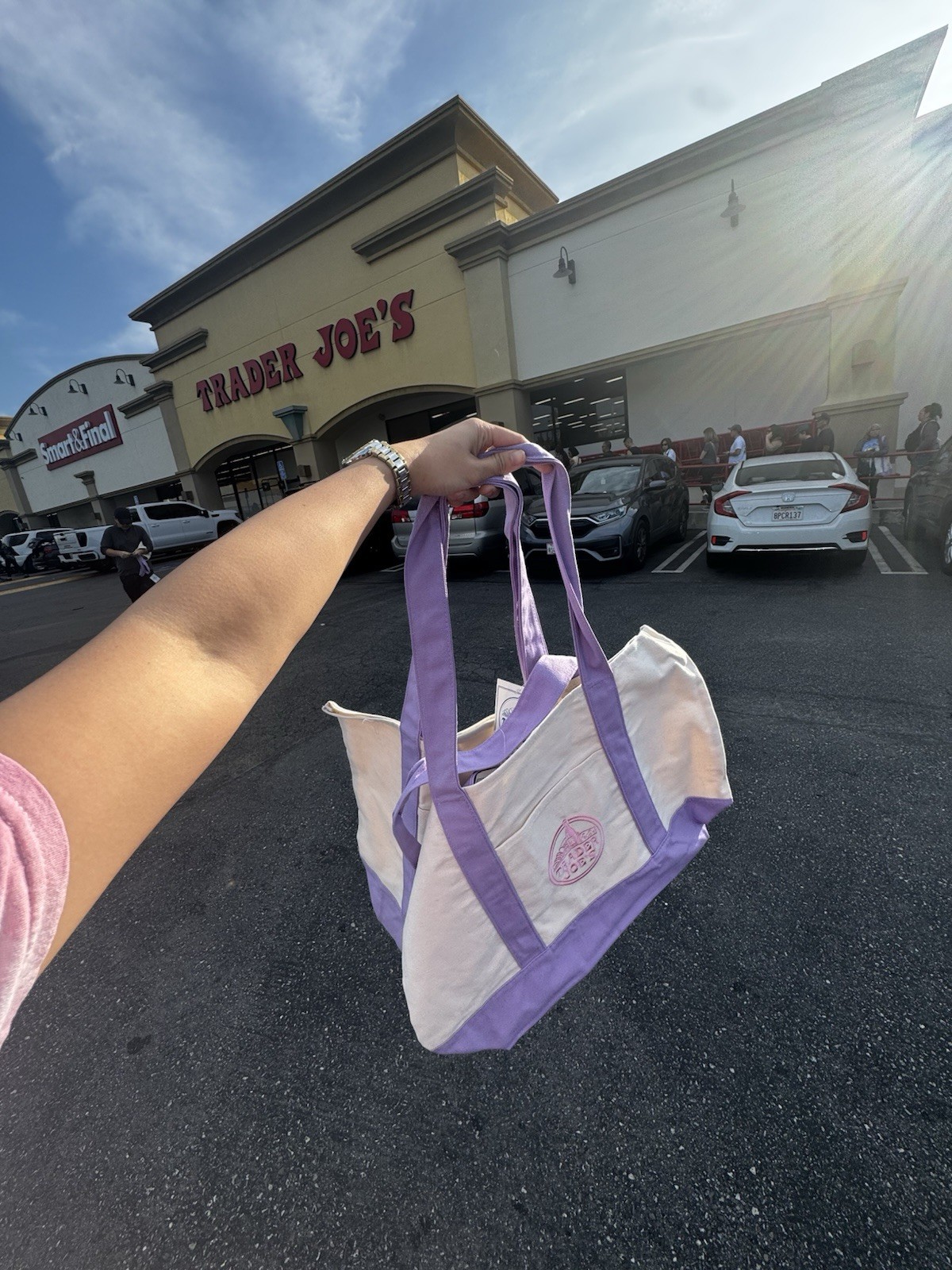 Trader Joe’s Canvas Reusable Shopping Bag Purple White Foldable