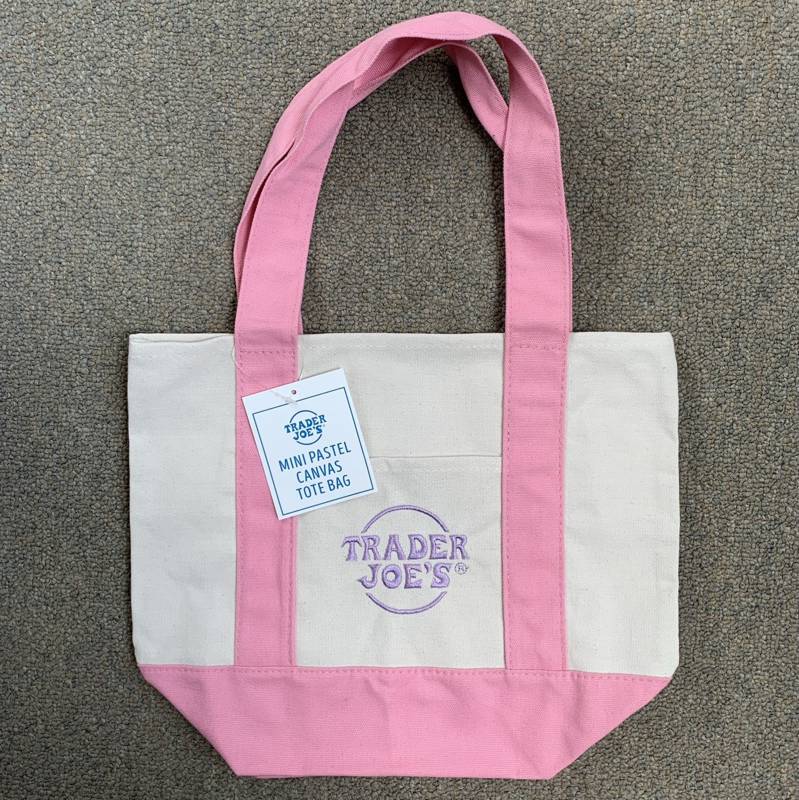 NWT Trader Joe’s Mini Pastel Canvas Tote Bags, 2 Colors: Purple, Pink