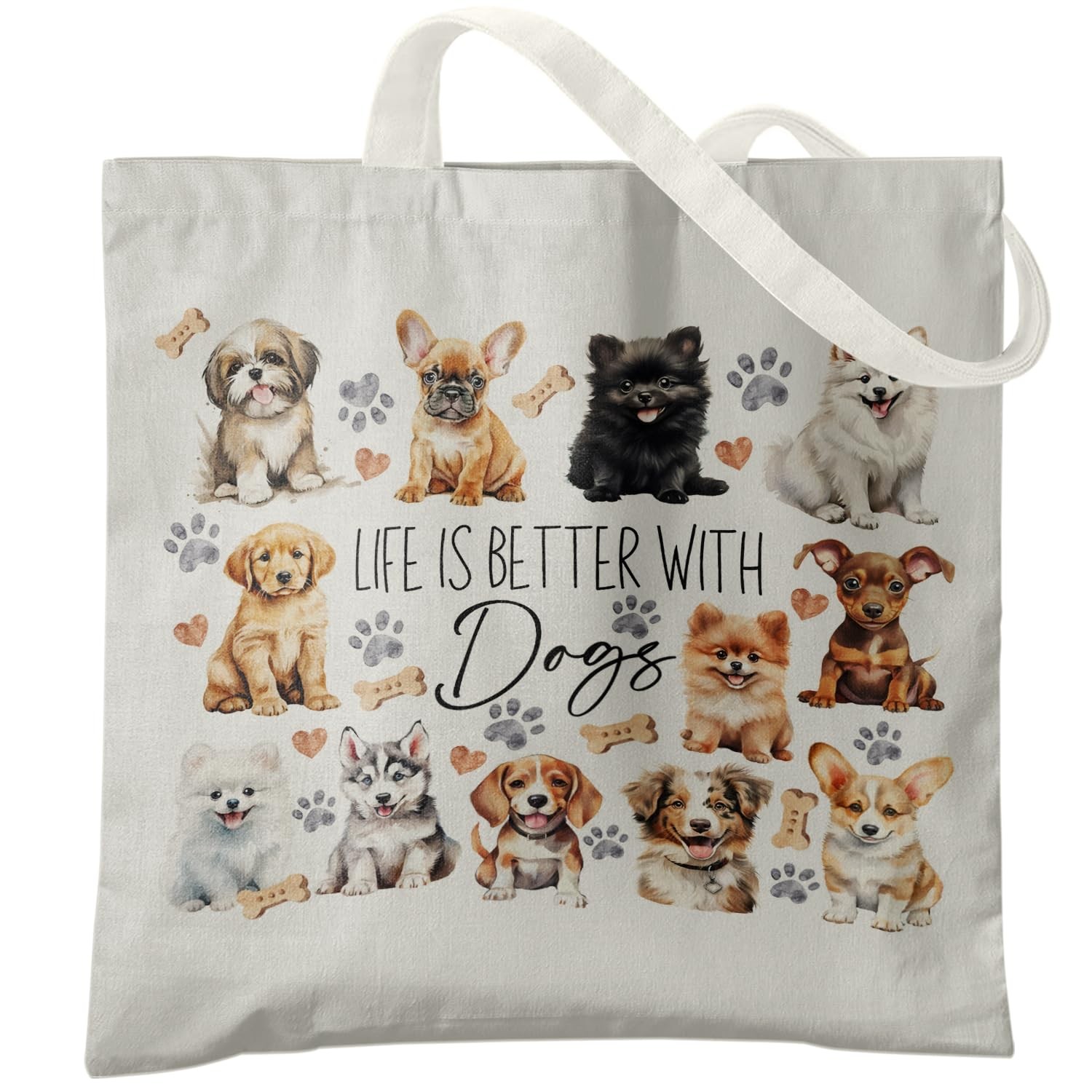 Pet Dogs Canvas Tote Bag – Life Is Better With Dogs – Shoulder Bag for Shoppi…