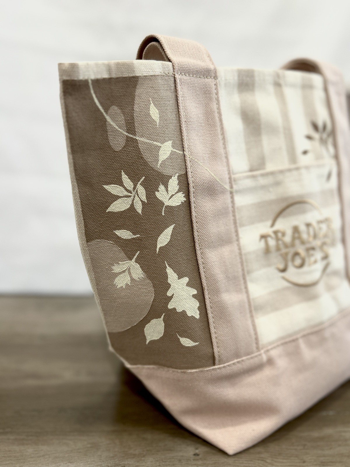 Made To Order – Hand-Painted Trader Joe’s Striped Mini Beige Tote — Fall leaves