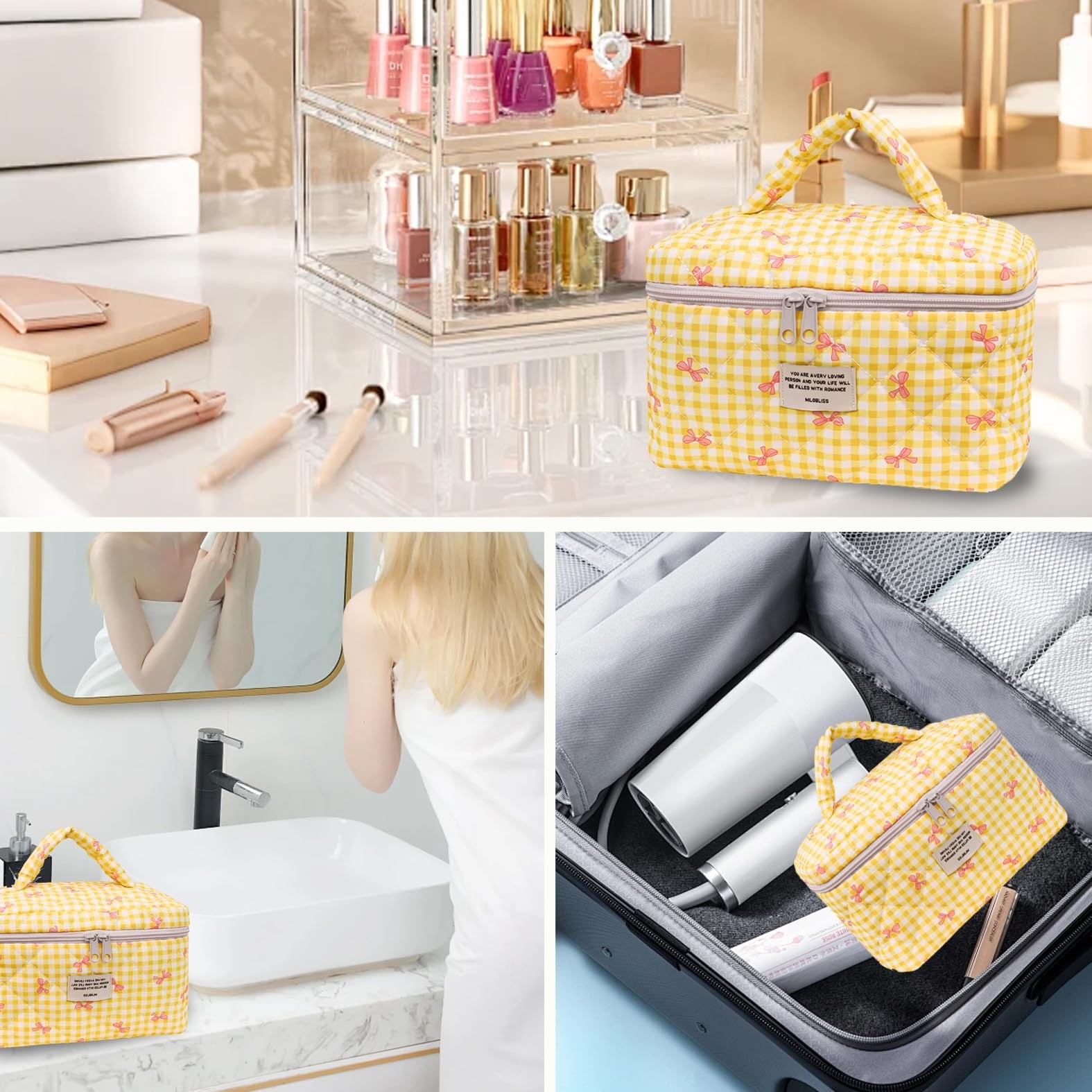 Yucenora Large Travel Quilted Makeup Bag, Cute Bow Cotton cosmetic Yellow