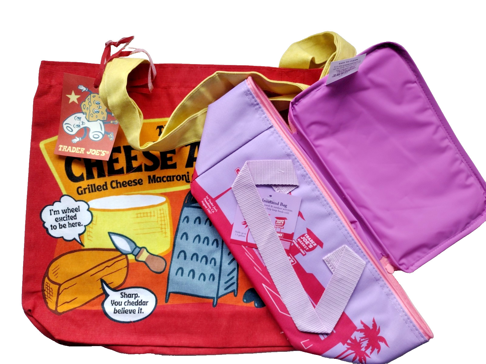 Combo Trader Joe’s Cotton Canvas Cheese Tote & Purple Pink 1.5 gal Lunch Bag