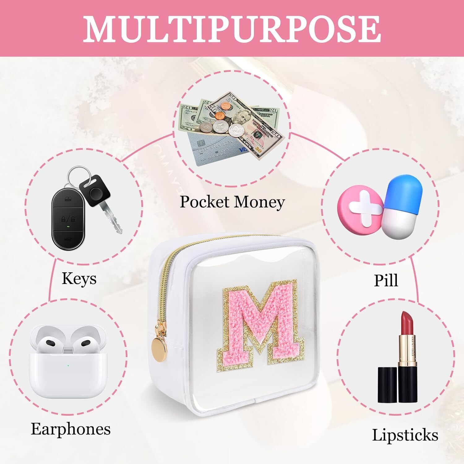 Mini Clear Personalized Initial Makeup Bag,Nylon Preppy A-Z M, Mini-White