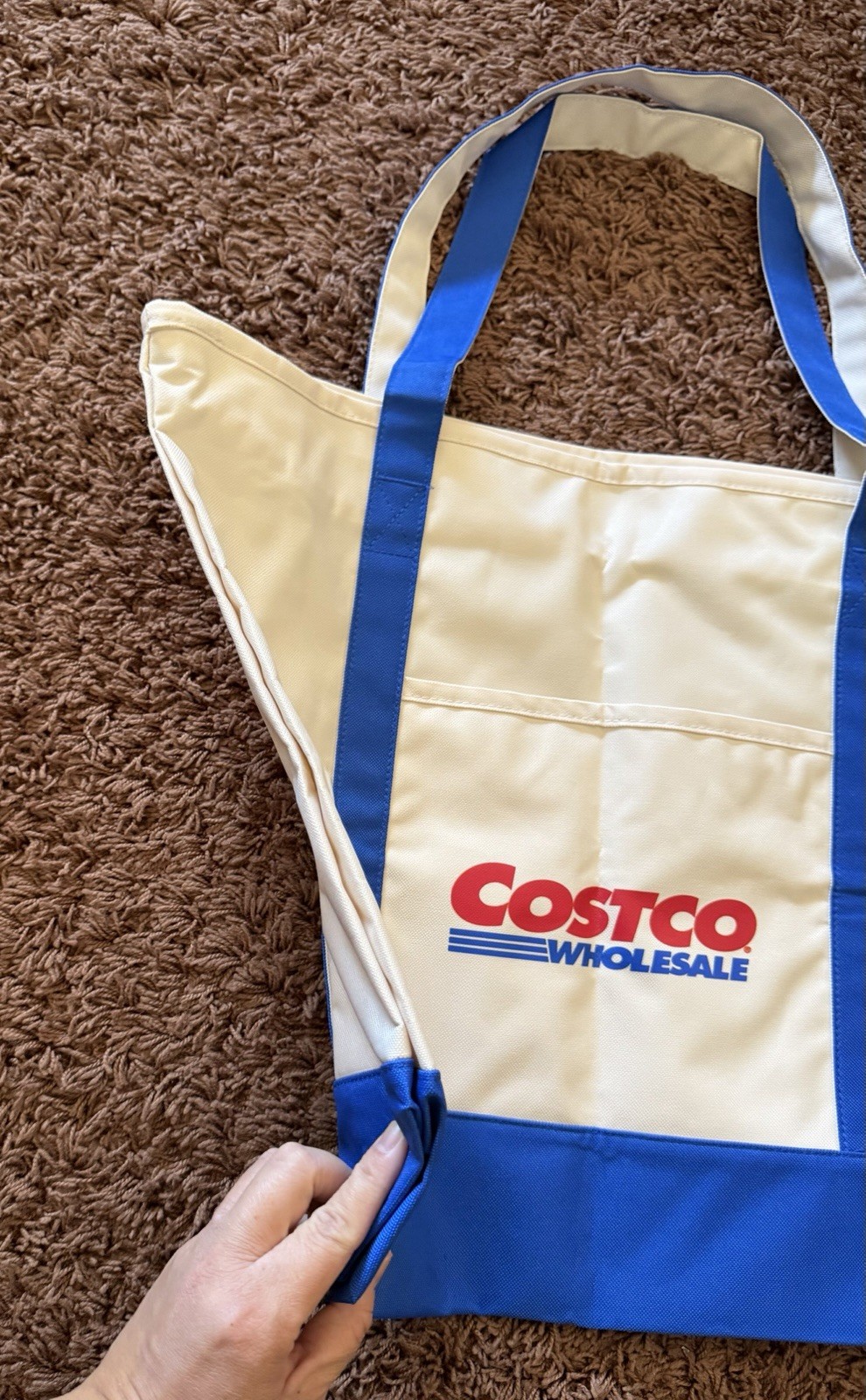 Costco Large Blue and White Zipper Cotton Canvas Shopping Tote Bag Reusable 16”