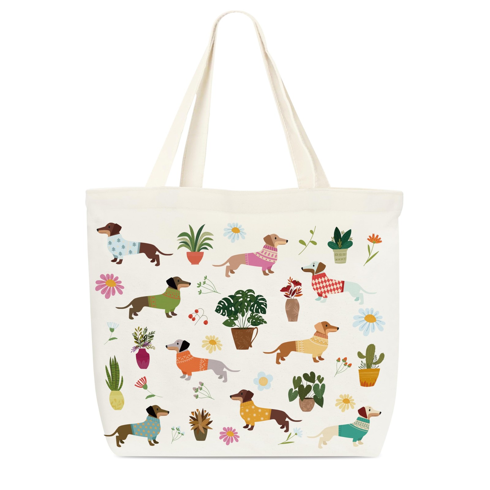 Canvas Tote Bag, Book Tote Bag, Dachshund Tote Bag, Potted Plant Lover Gift, …