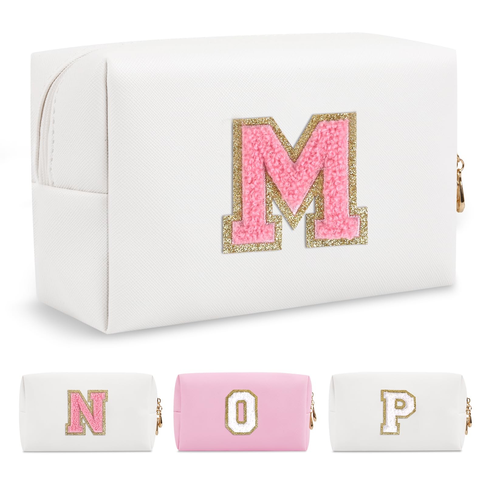 Personalized Makeup Bag Initial A-Z Preppy Patch M, White,Pink-Letter