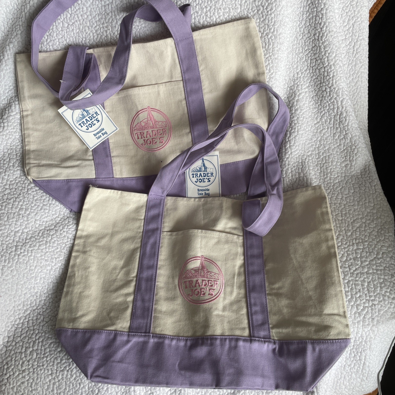 2 Trader Joe’s LARGE Canvas Shopping Bag NEW Purple/White