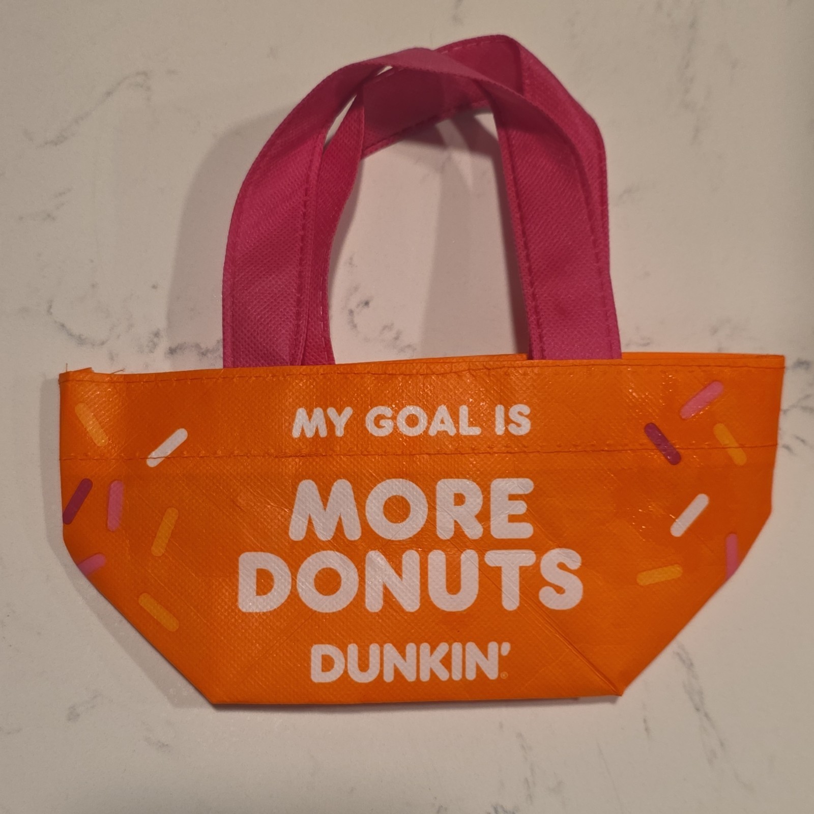 Dunkin’ Reusable Foldable Plastic Tote Bag Orange Pink All-Over Pattern