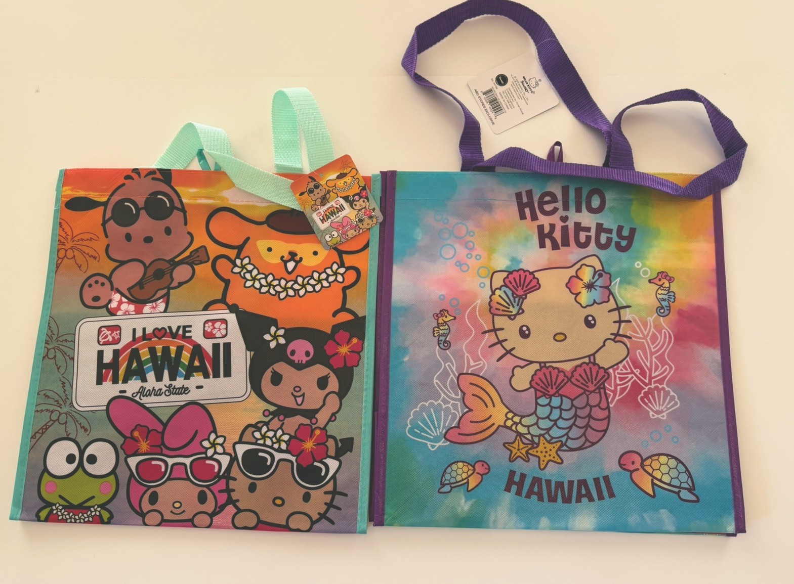 SANRIO Tan HELLO KITTY HAWAII Reusable Shopping Grocery Bag Set Lot NWT