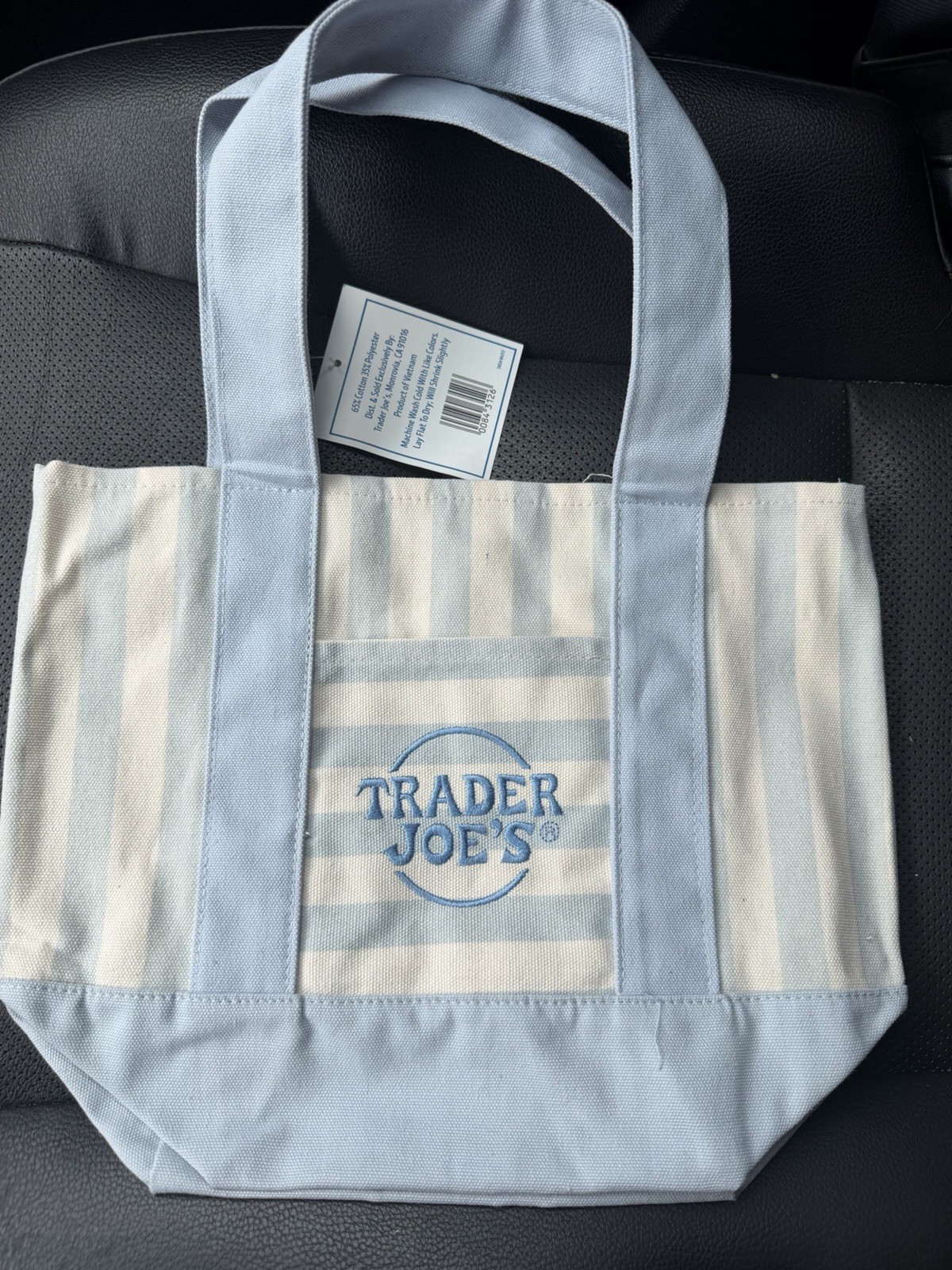 Trader Joe’s Mini Canvas Tote Bag Blue/White Stripe Reusable 10.5x6x12 in