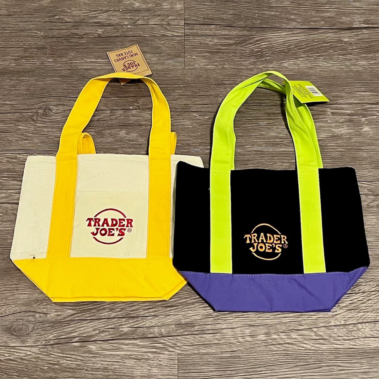 2 New Yellow & Halloween Purple Green Trader Joe’s Mini Canvas Tote Bags