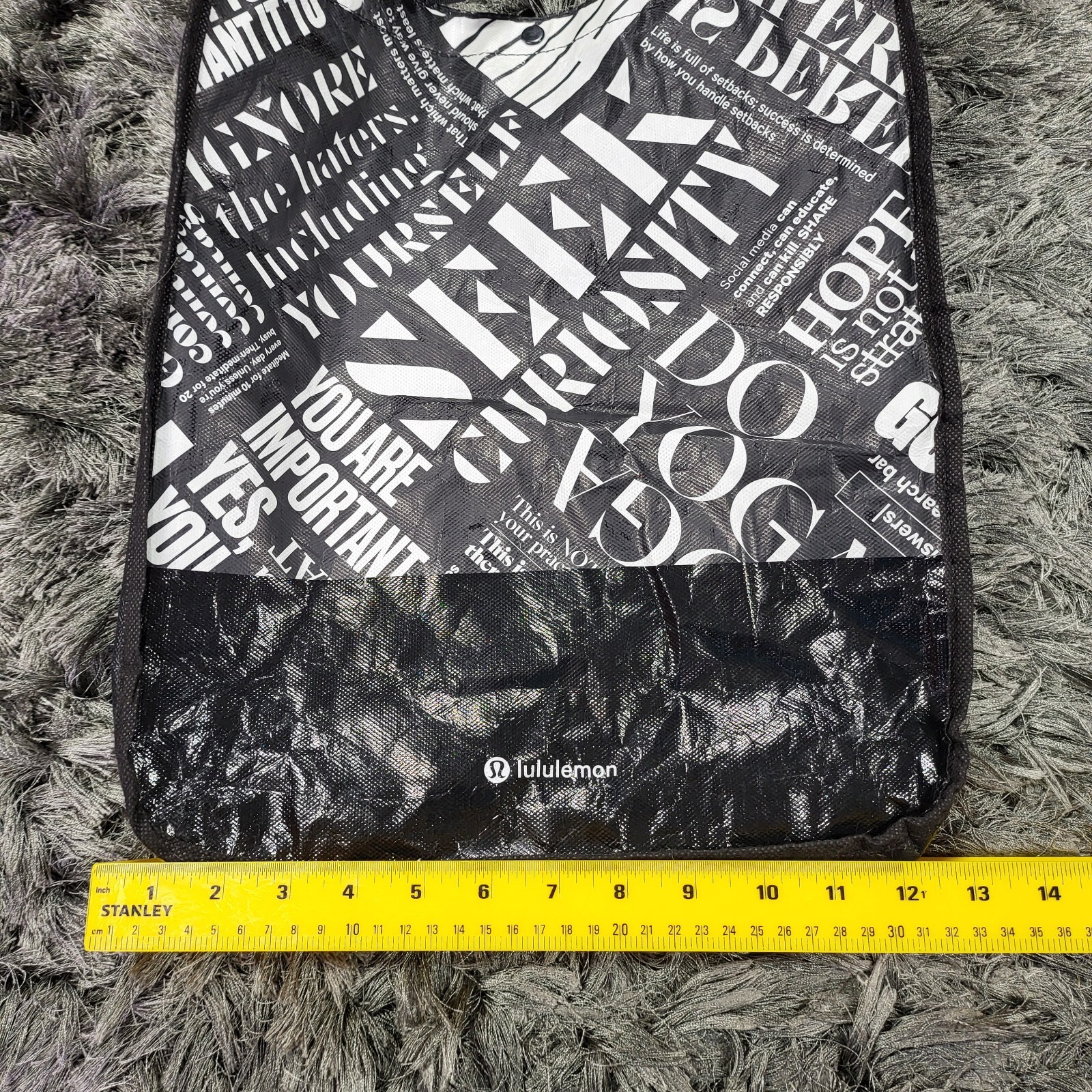 Lululemon Reusable Shopping Gym Tote Bag 16 x 13″ Black White Motivational Print