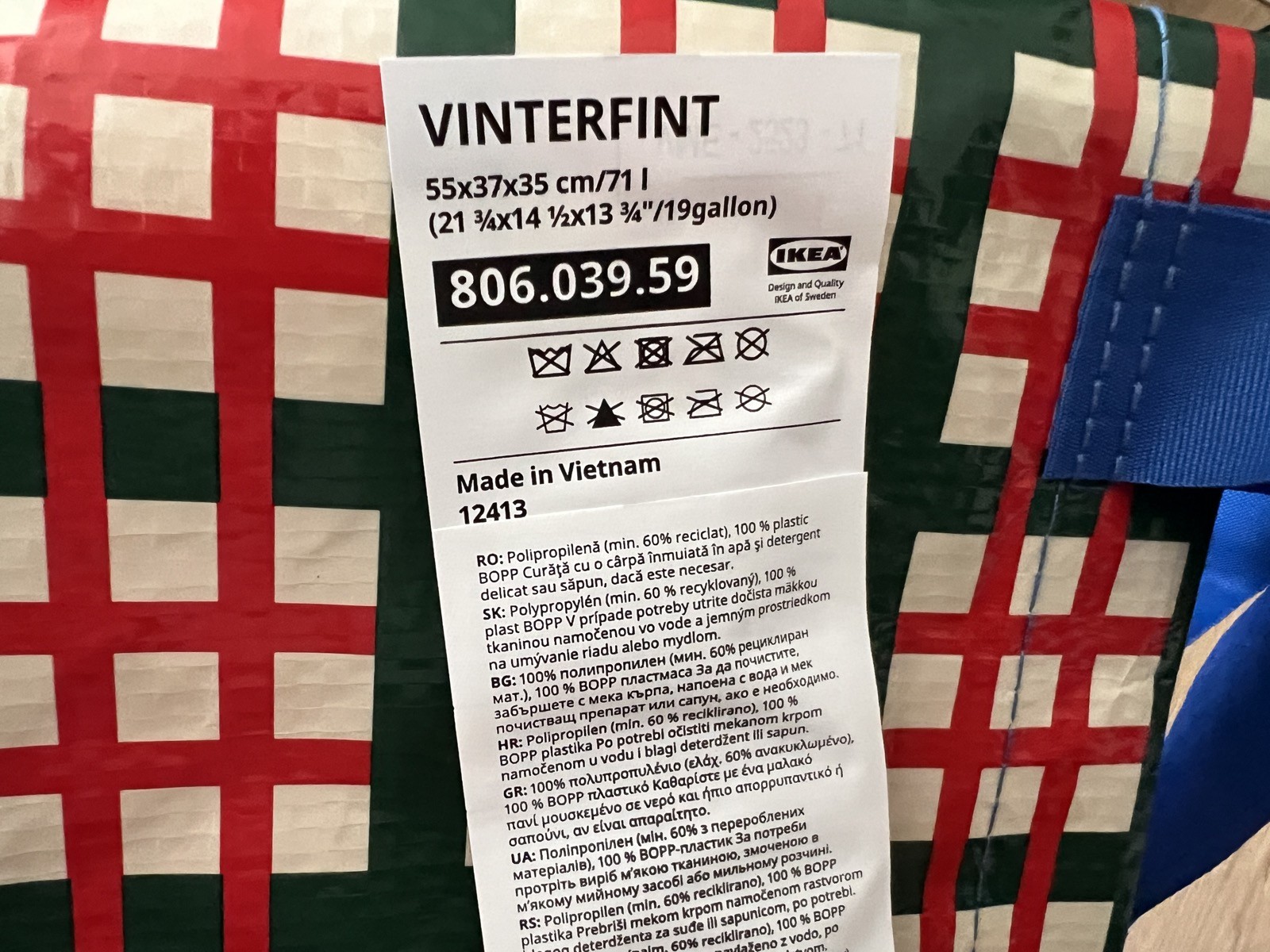 IKEA VINTERFINT Shopping bag, large, check pattern, 19 gallon Christmas 2025