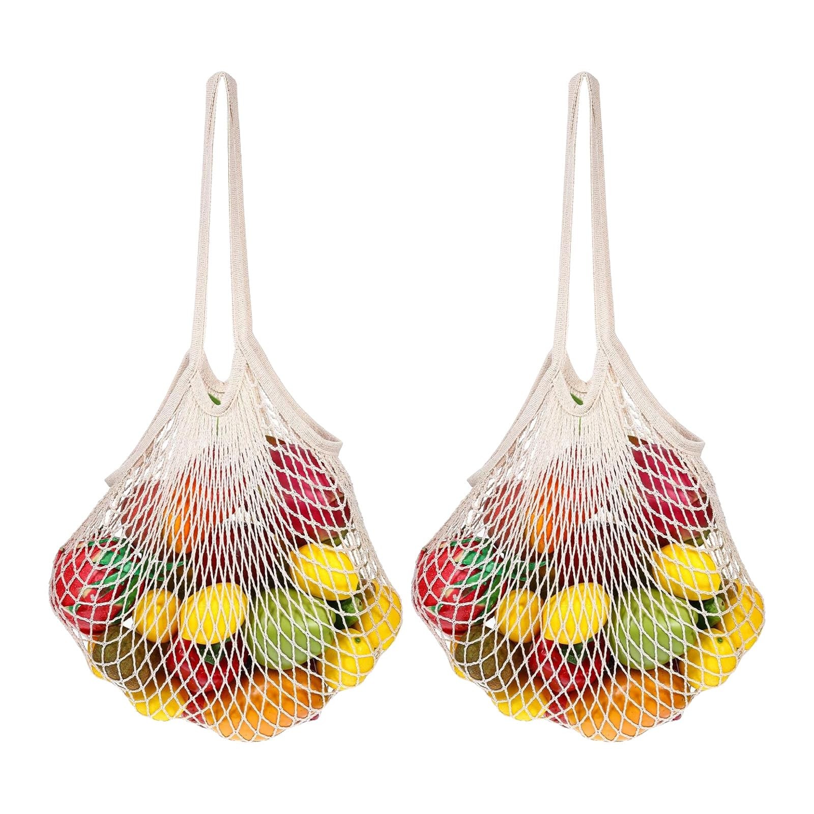 2 PCS White Reusable Cotton Mesh Grocery Shopping Net Tote Bag Long Handle