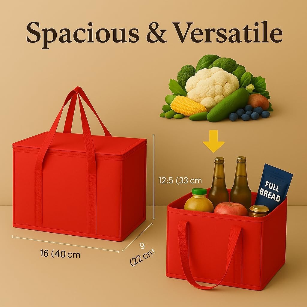2-Pack XL-Large Insulated Grocery Shopping Bags, Red, Reusable, Heavy Duty, Z…