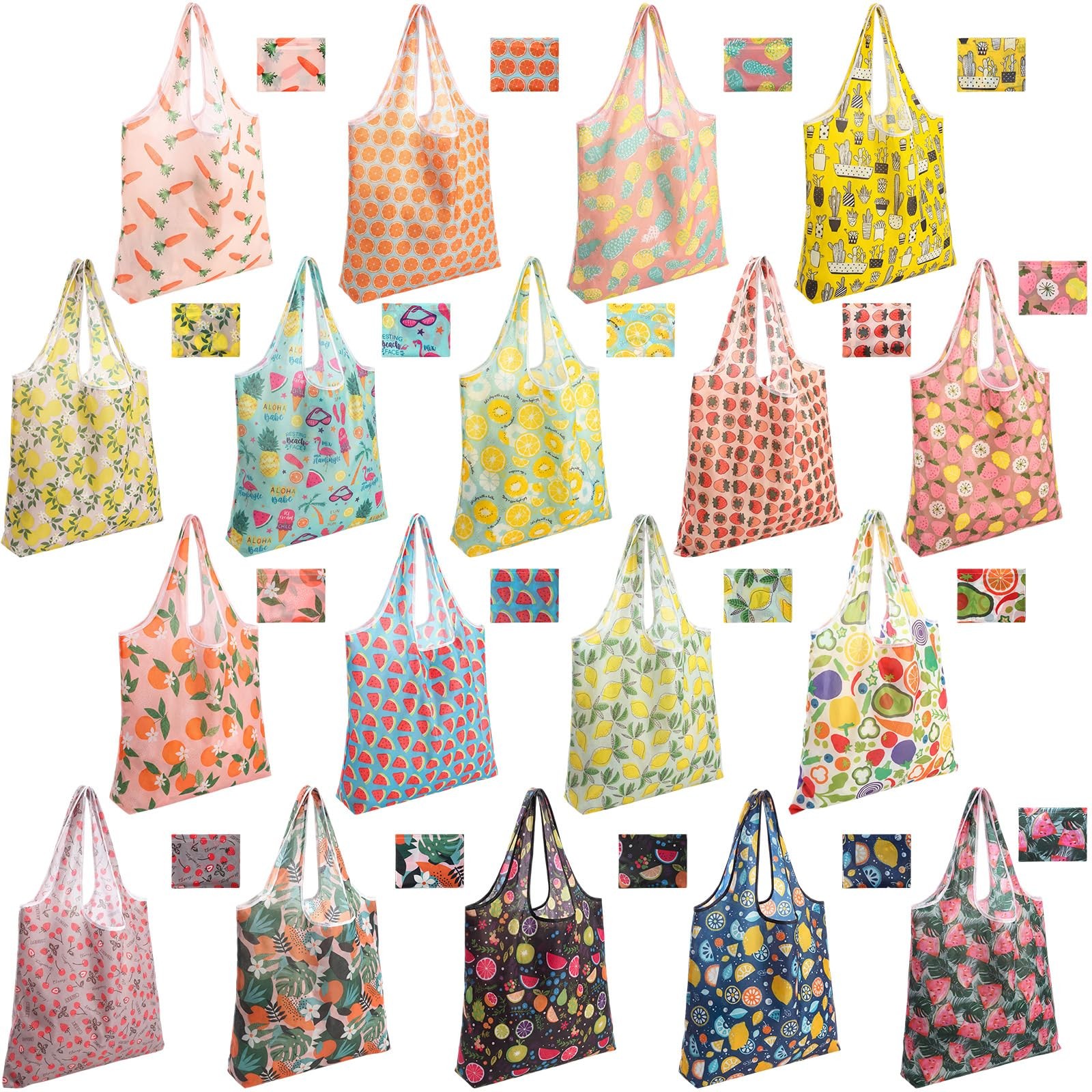 18 PCS Foldable Reusable Grocery Bags Waterproof Nylon Summer Fruit Tote