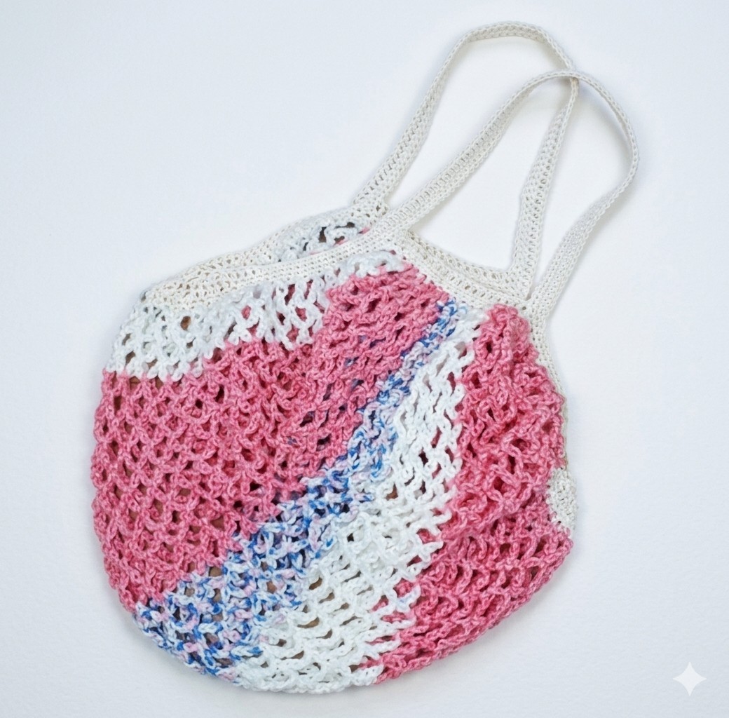 Farmers Market Bag Pink Handmade Crochet French Net Sack Cotton Grocery Beach