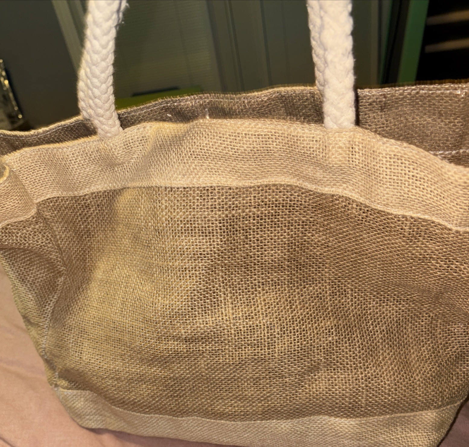 Trader Joe’s Stock Keeping Unit -95375 Jute Plastic Coated Lining Tote Bag