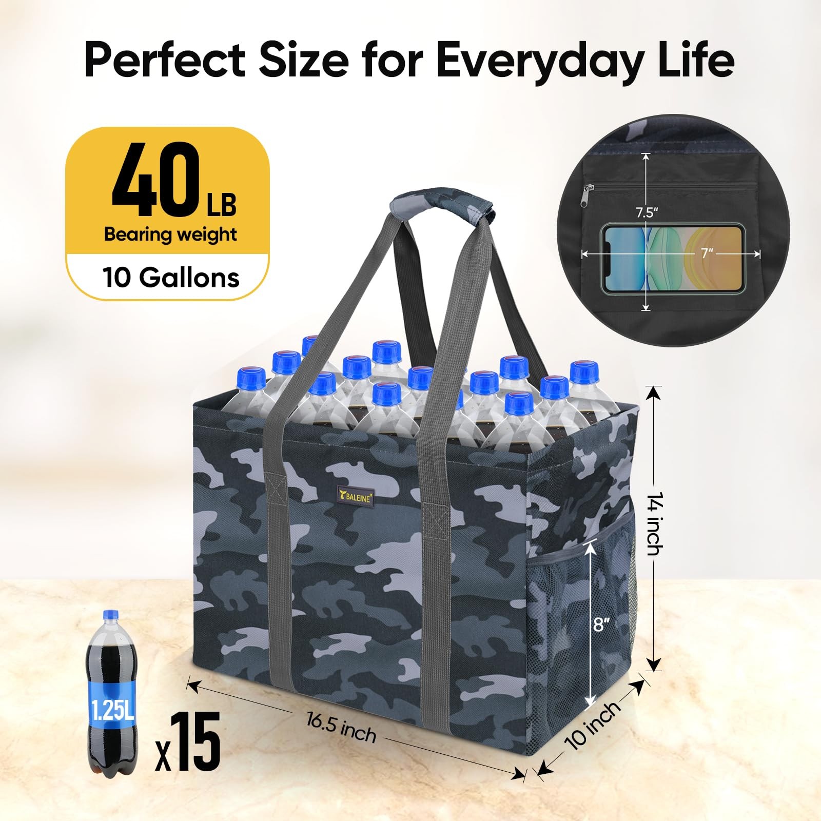 Extra Large Utility Tote Bag with Reinforced Wire Frame, Reusable Grocery Bag…
