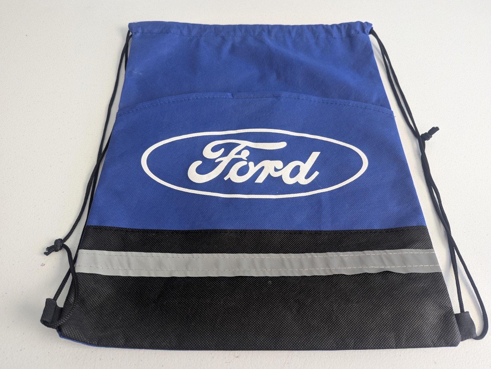 Ford Motor Co Promo Advertising Drawstring Bag Backpack w/ Pocket Black Blue NEW