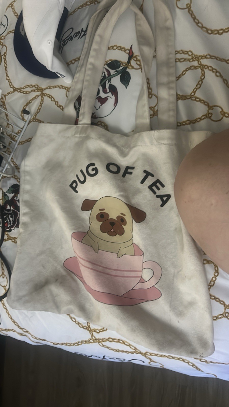 Canvas Tote Bag Beige Pop Art Pug Illustration Foldable All-Over 12x12in