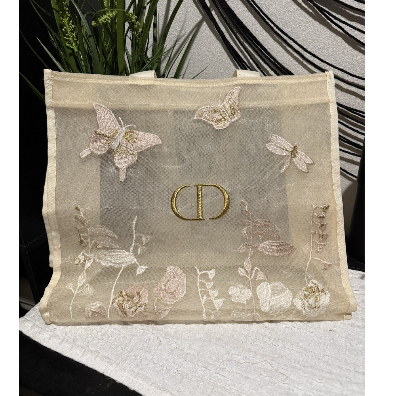 Dior Beige Canvas Reusable Tote Medium 20×12 in Floral Butterfly Embroidery