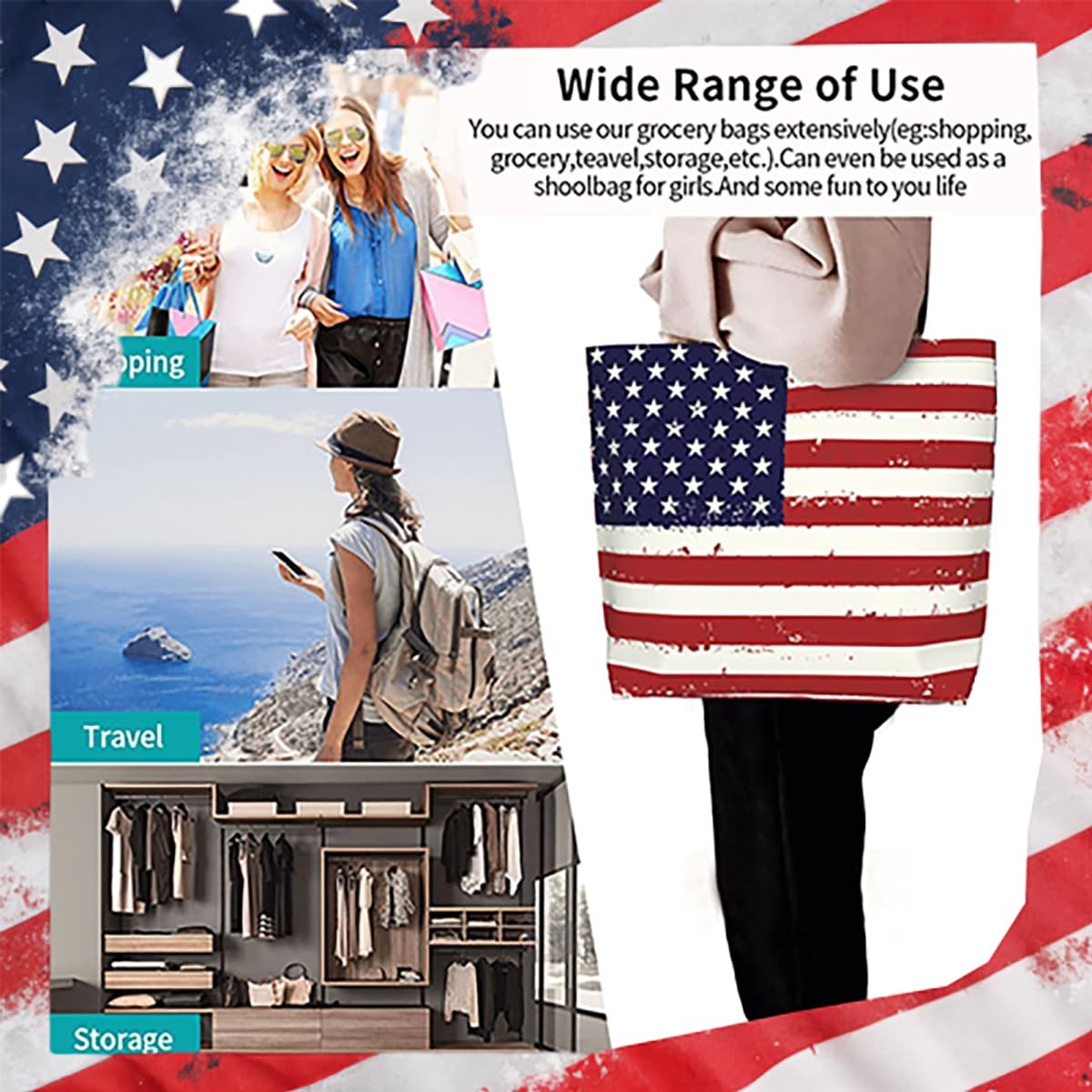 American Flag Tote Bag With Zipper Reusable Large Women 250 Color-02