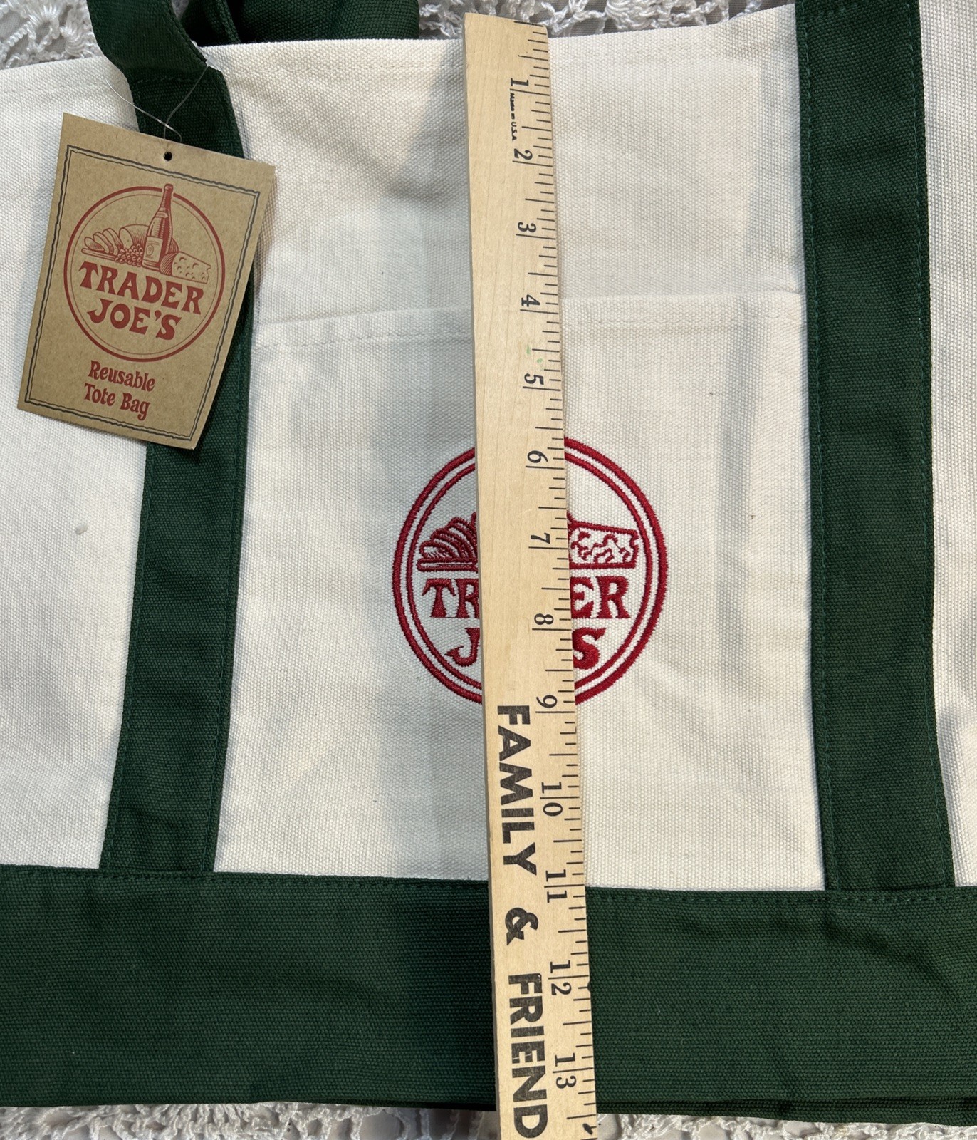 Trader Joe’s Reusable Heavy Cotton Canvas Shopping Bag, Off White & Green,Large