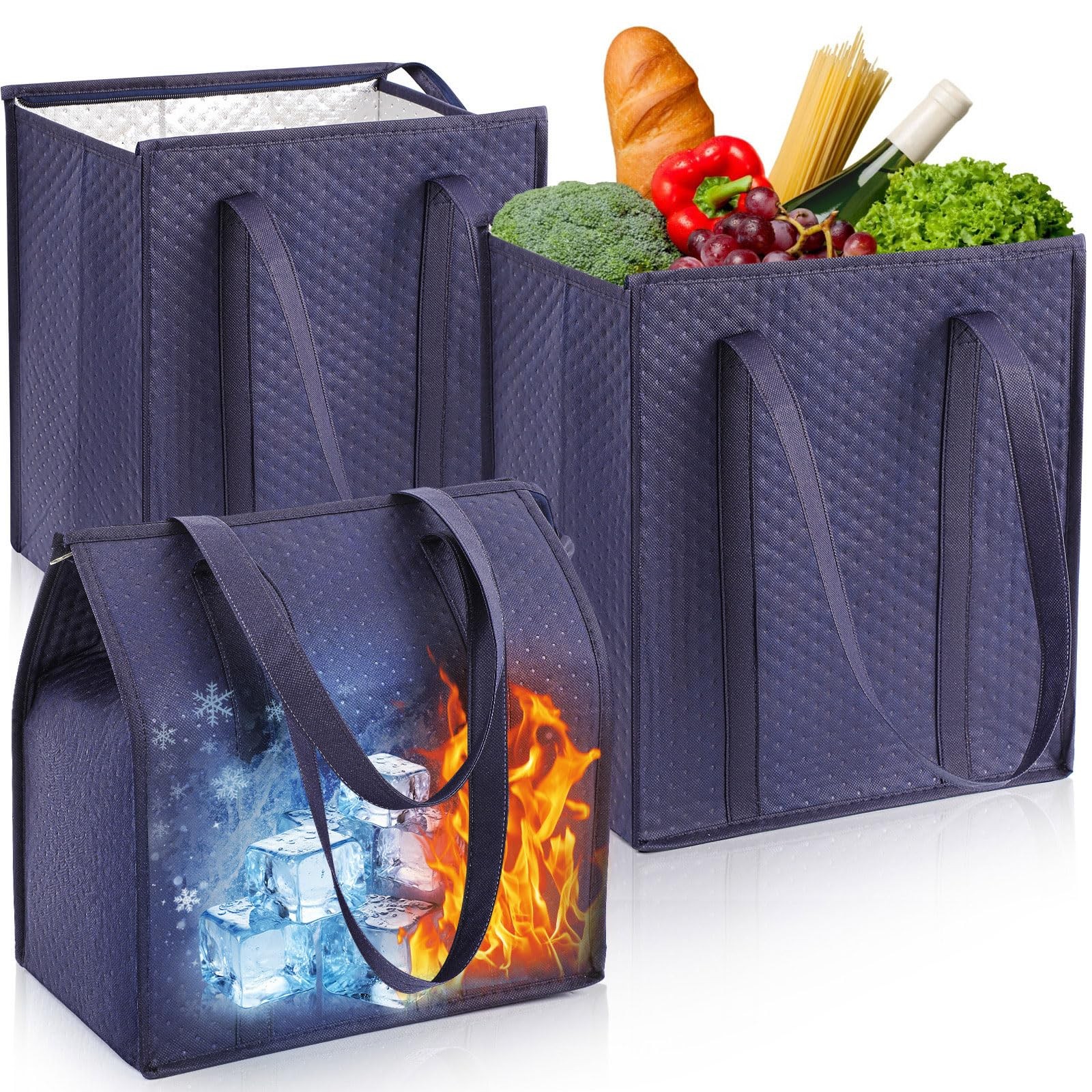 3 Pcs XL-Large Insulated Grocery Bags with Zippered Top & Handle-Reusable The…