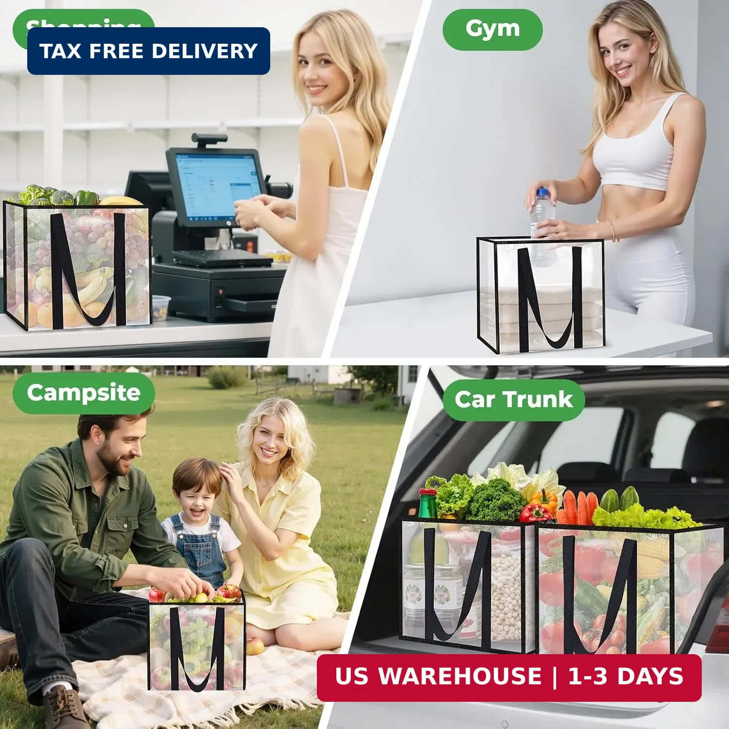 4 Pack Reusable Grocery Bags, Heavy-Duty Shopping Bags with Sturdy Handles, Wate