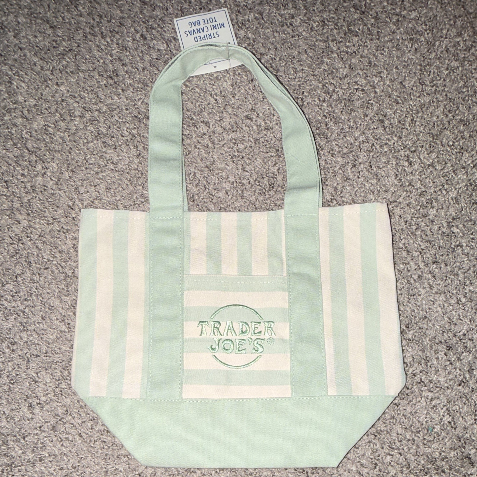 Trader Joe’s Mini Canvas Tote Bag, Green & White Striped Reusable Shopping
