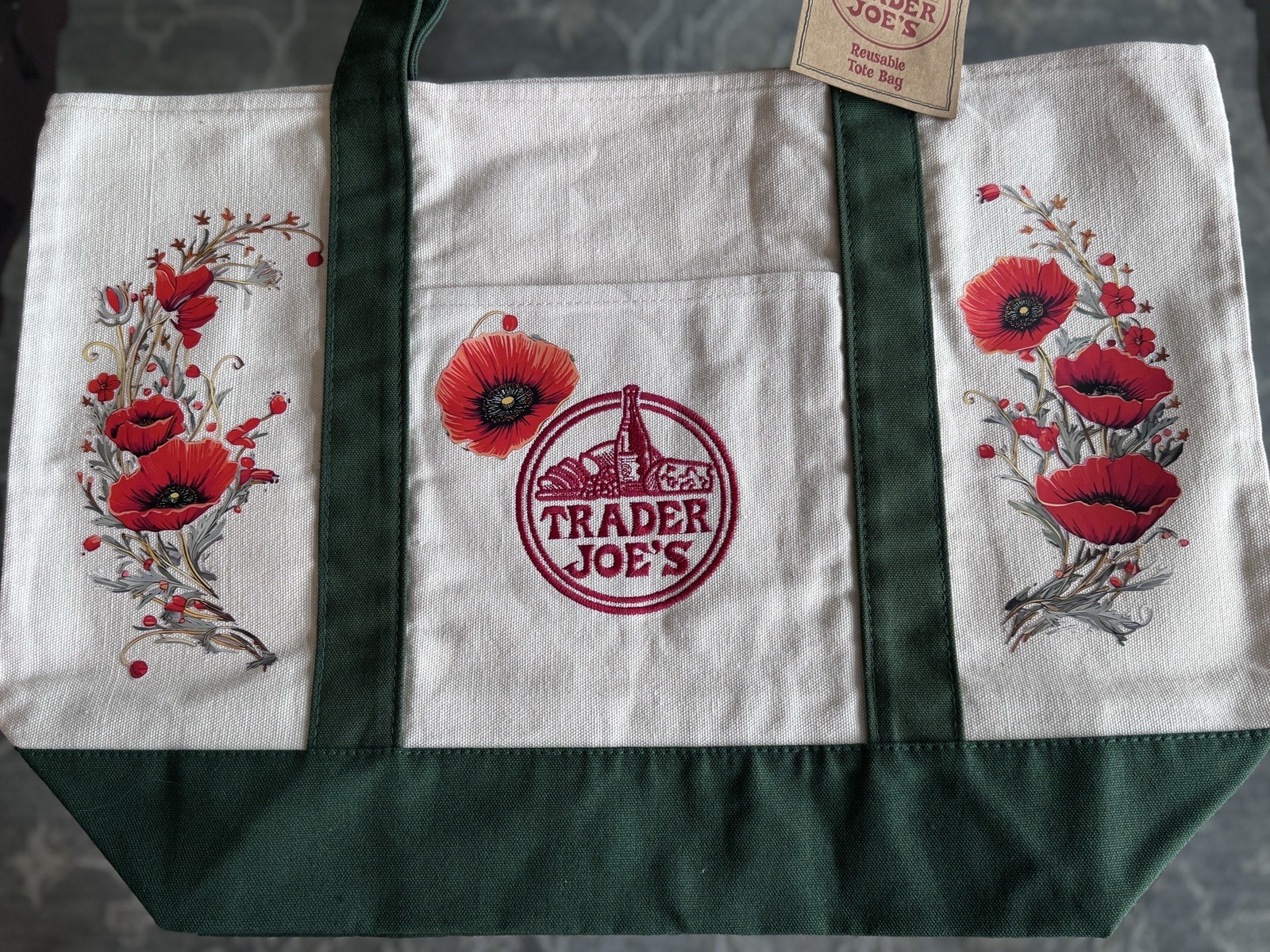 Trader Joe’s Canvas Reusable Shopping Bag Foldable Floral Beige Green Red