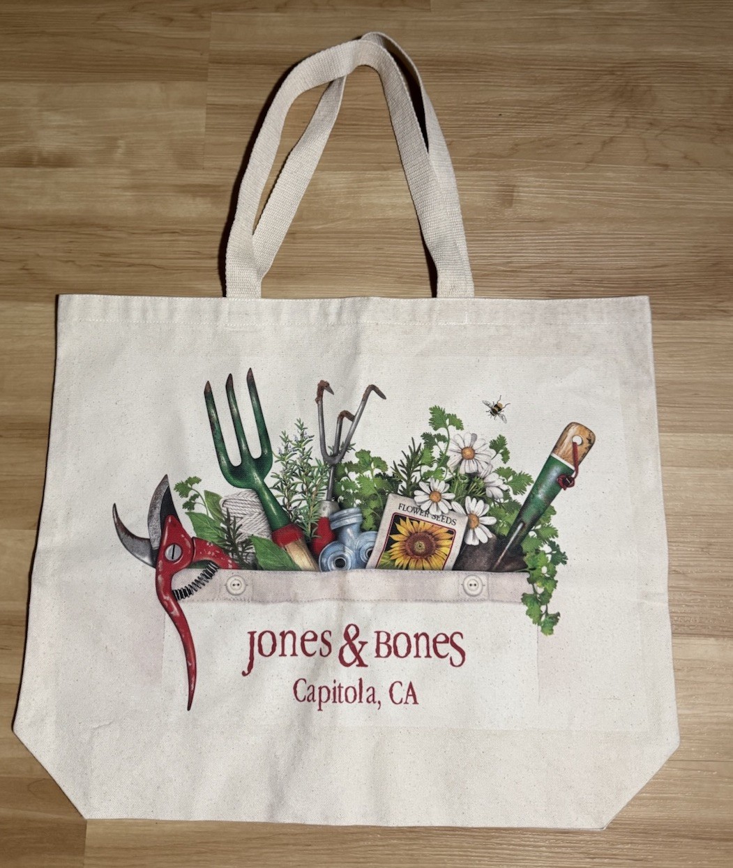 Jones & Bones Canvas Tote Bag Gardening Tools Flowers Capitola CA Eco Reusable