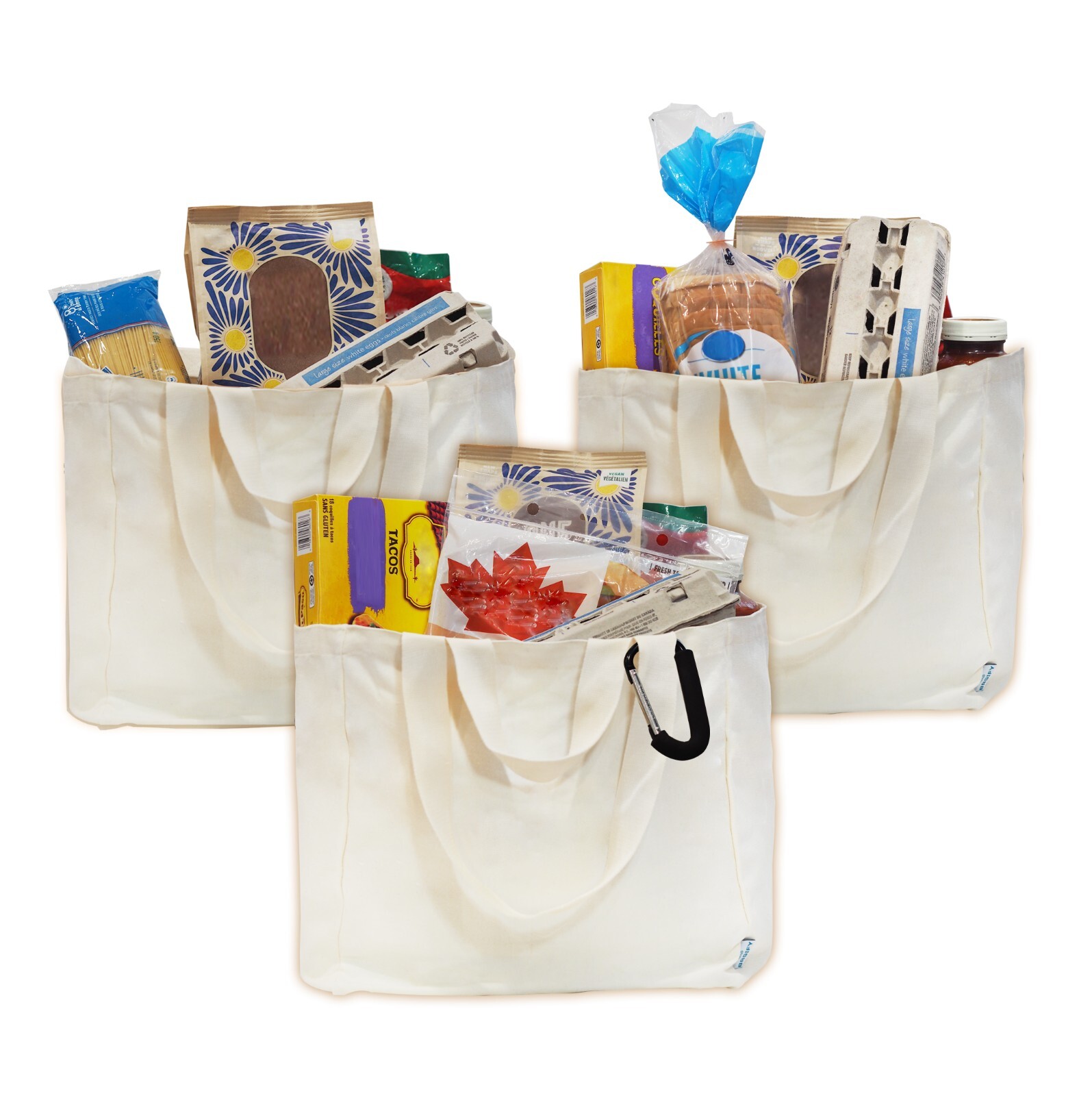 Bagify XL 3-Pack Reusable Tote Canvas Grocery Bags with Bonus Carabiner Hook
