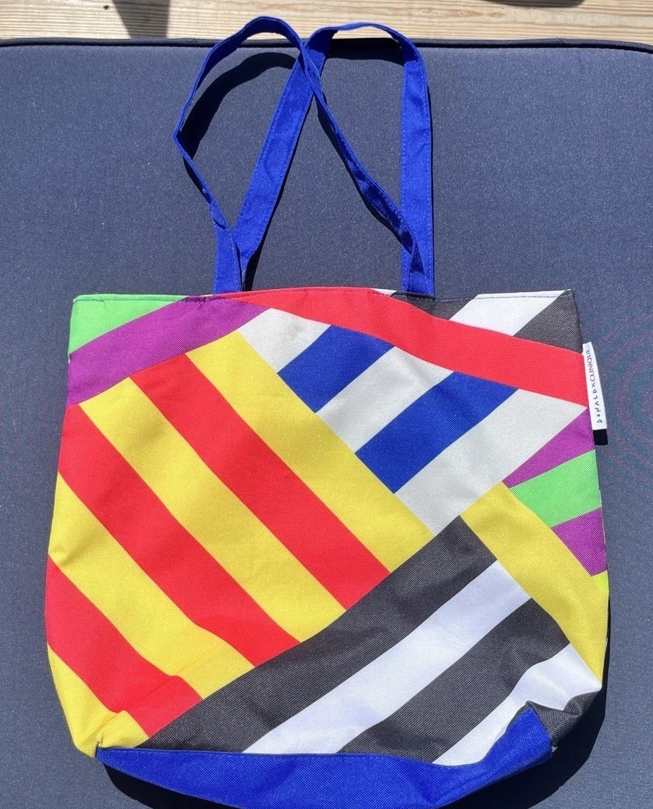 Donald X Clinique Reusable Geometric Fabric Tote Bag Multicolor Blue 15x14x5