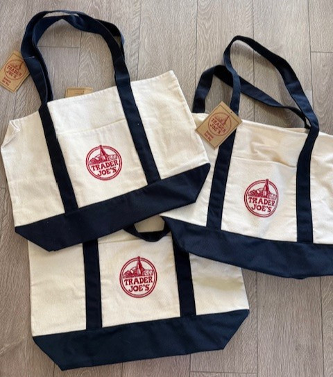 Trader Joe’s Lot of 3 Large Canvas Tote Reusable Bag 20x14x6 Navy Blue White