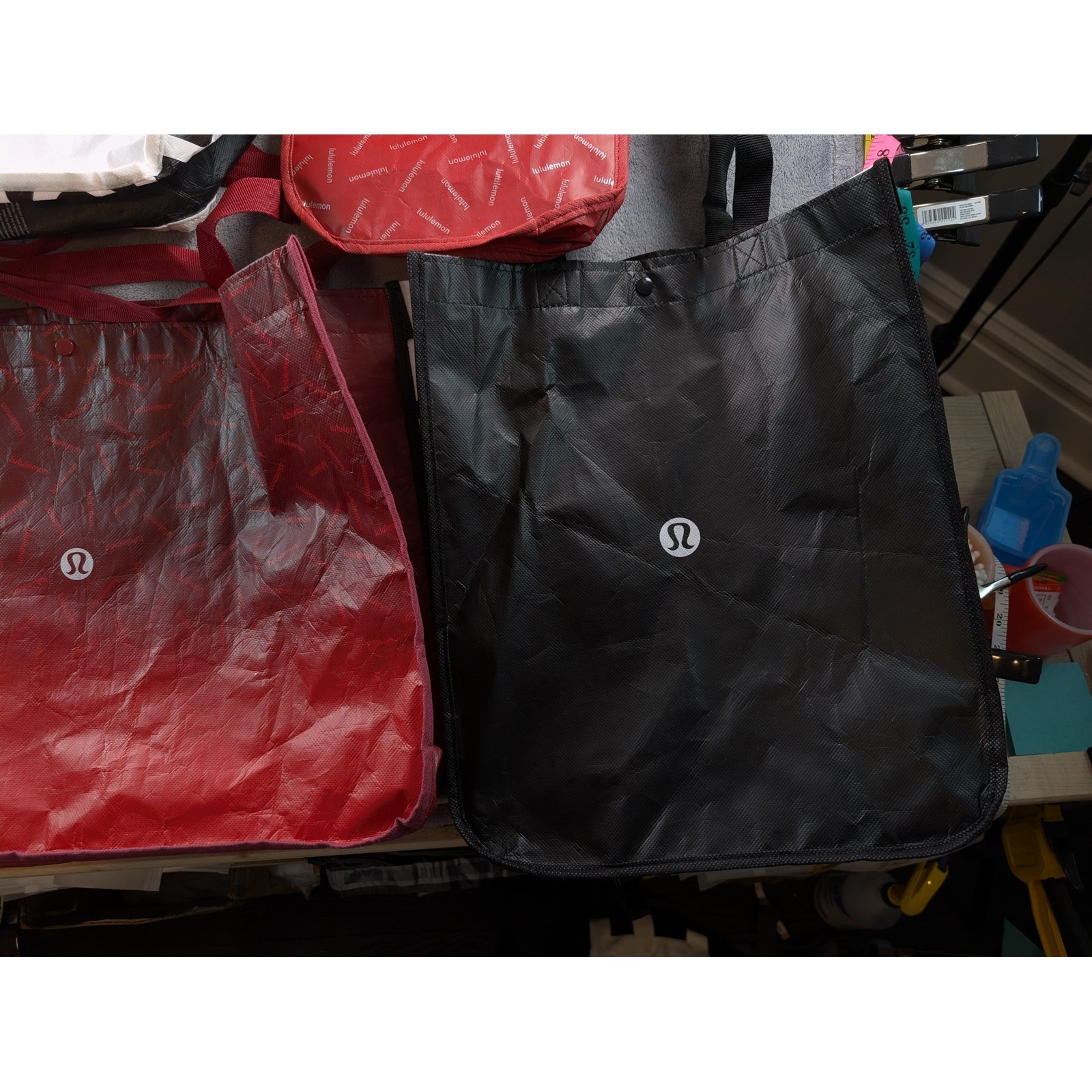 Lululemon Reusable Shopping Tote Bag Lot of 12 Red Black Lime Small Medium Large